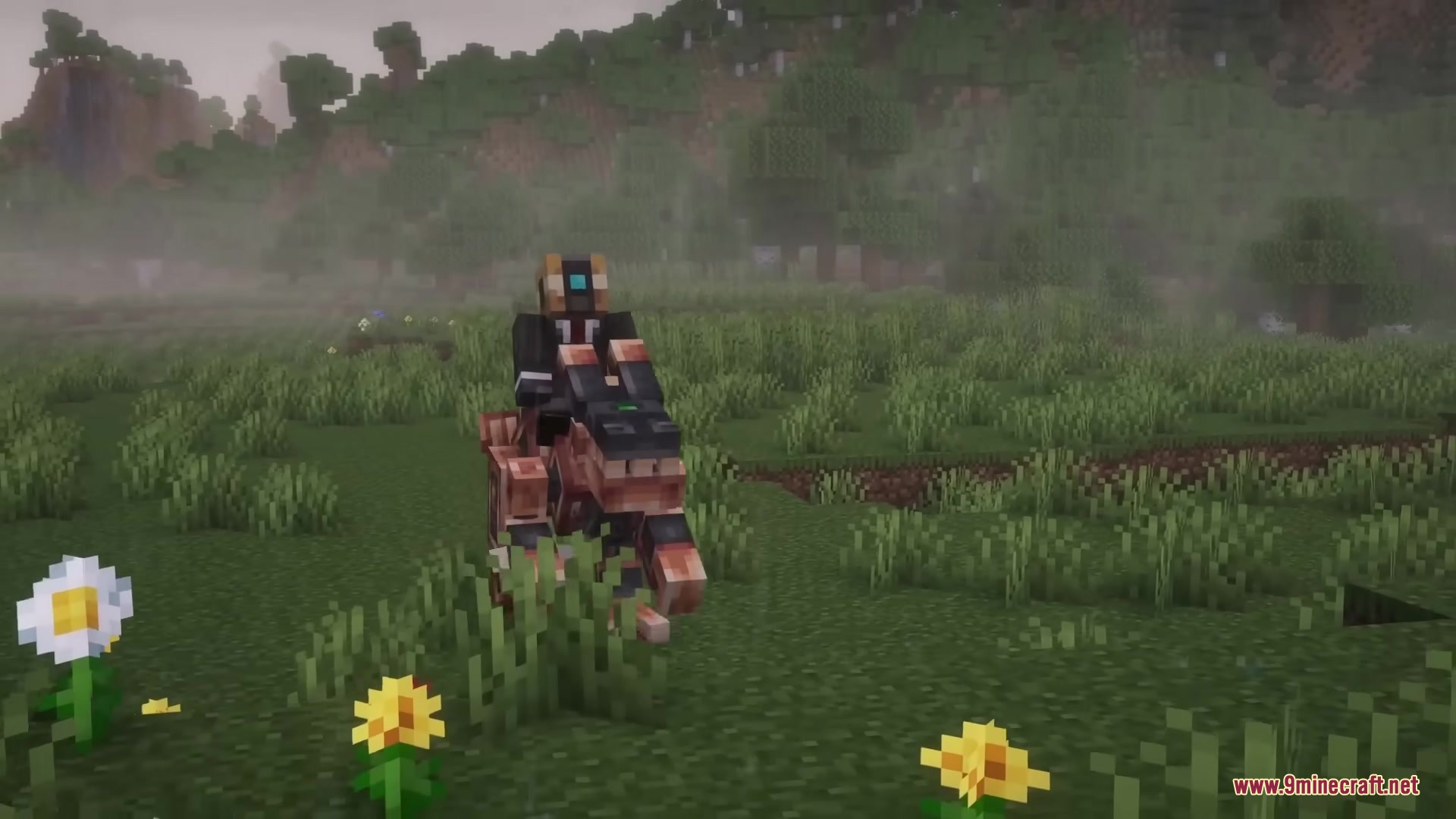 Robot Dinos Mod Screenshot 6 A player rides a robotic dinosaur across a grassy flower field