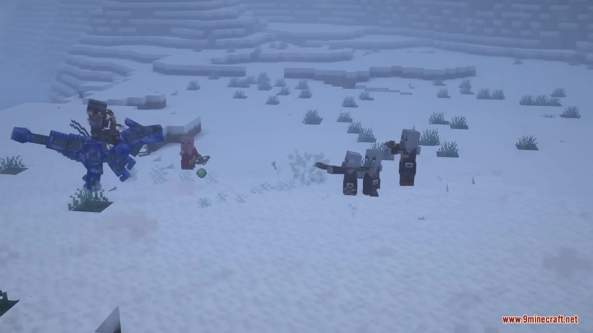 Robot Dinos Mod Screenshot 7 Player on a blue robot dinosaur fighting pillagers in snow