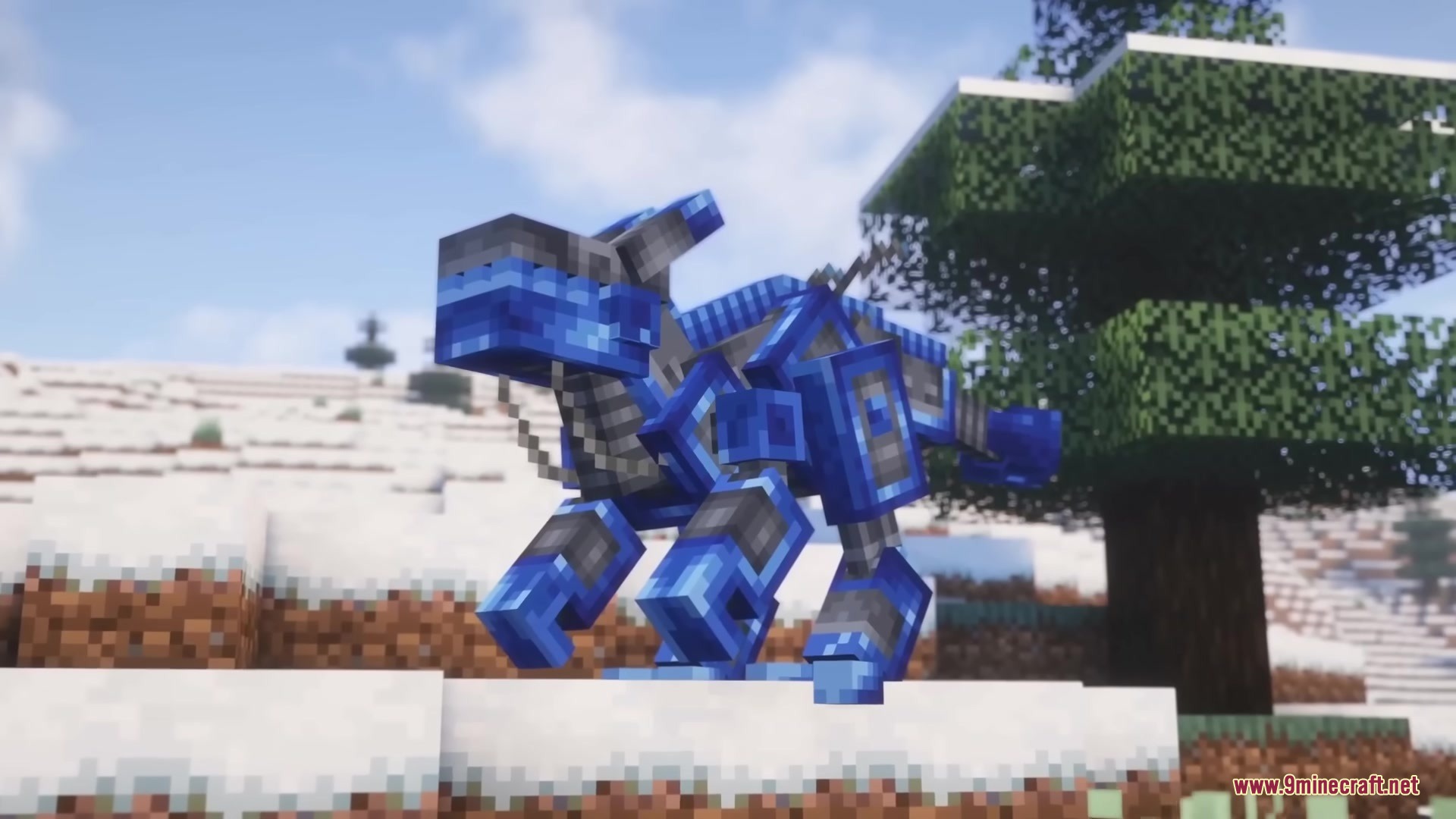 Robot Dinos Mod Screenshot 8 Blue mechanical dinosaur standing in a snowy Minecraft landscape