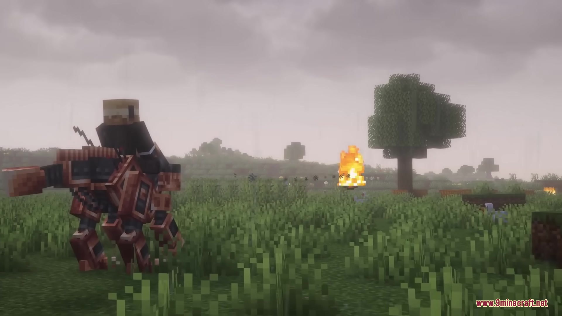 Robot Dinos Mod Screenshot 9 Player riding a mechanical dinosaur across a grassy field near a fire