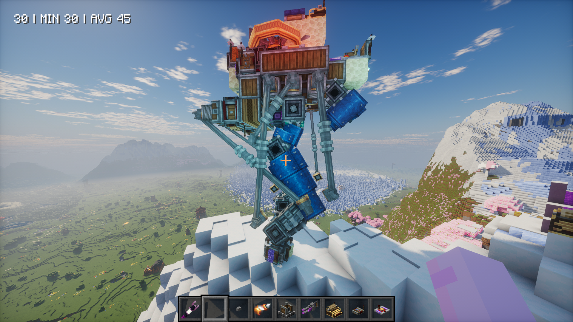 A complex mechanical robot walker stands atop a snowy mountain in Minecraft