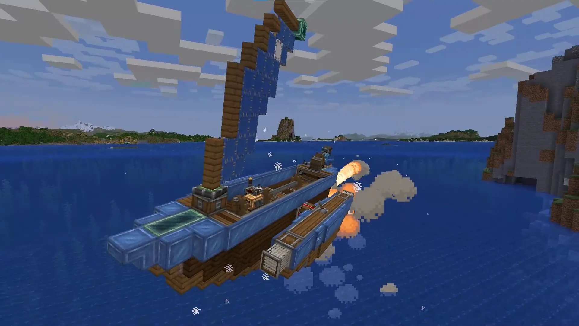 Rocket Sail Sailboat Hovercraft Schematic Screenshots 1 A blue hovercraft boat with a large sail flying over the water