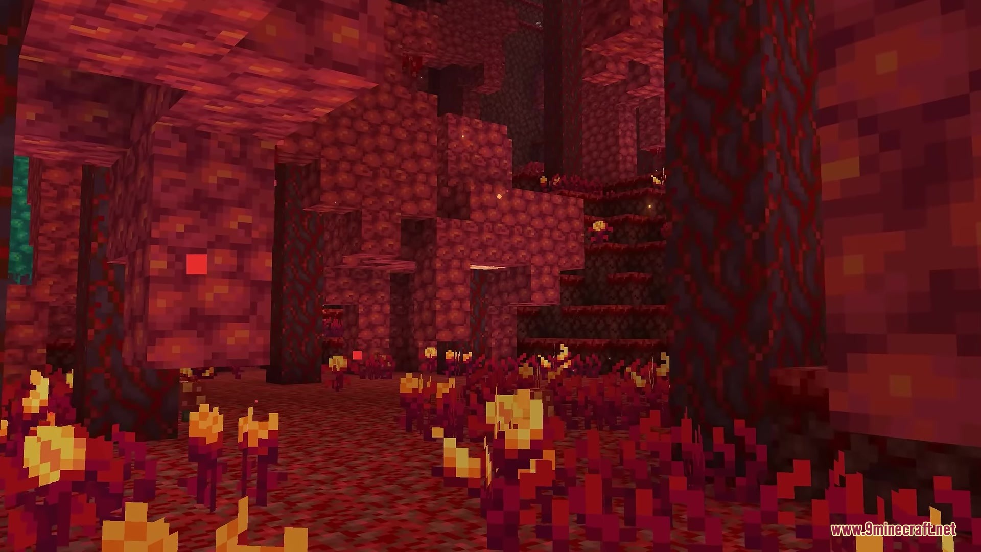 Rojak Resource Pack Screenshot 11 Crimson trees and fungi growing on nylium in a Nether forest biome