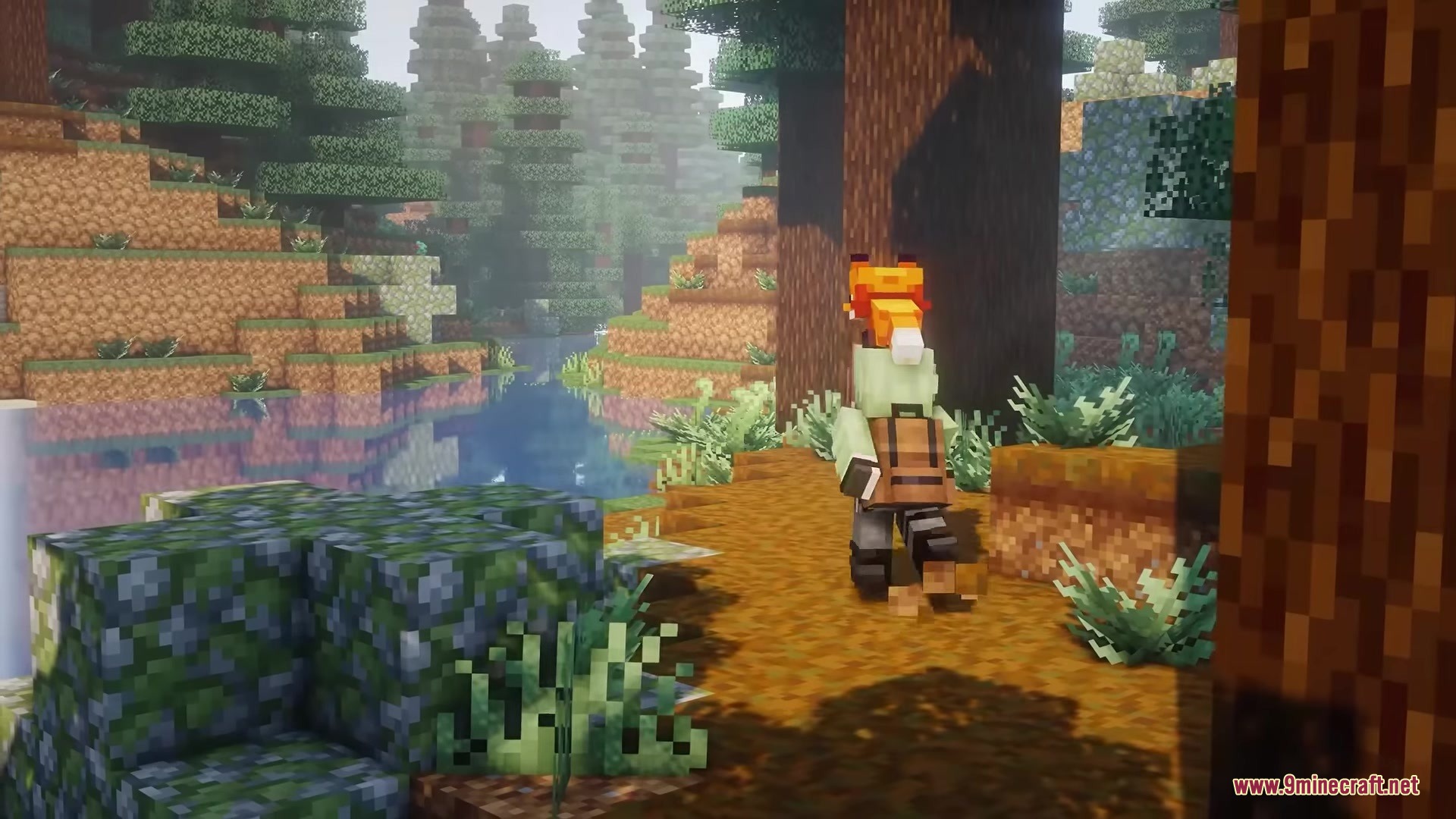 Rojak Resource Pack Screenshot 2 A player character walking through a forest with a fox on their head