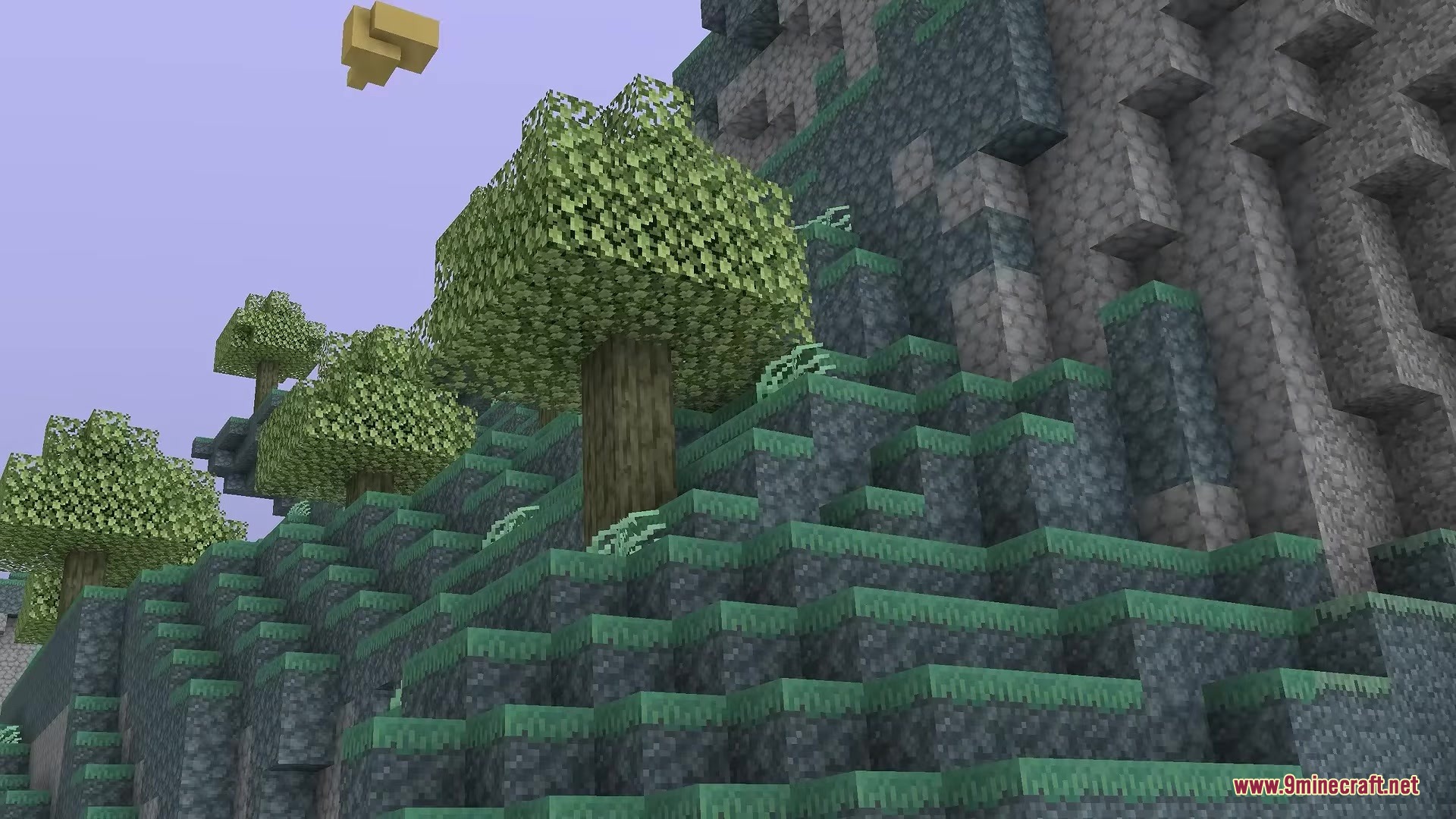 Rojak Resource Pack Screenshot 9 Blue grass and stone blocks on a steep mountain in the Aether