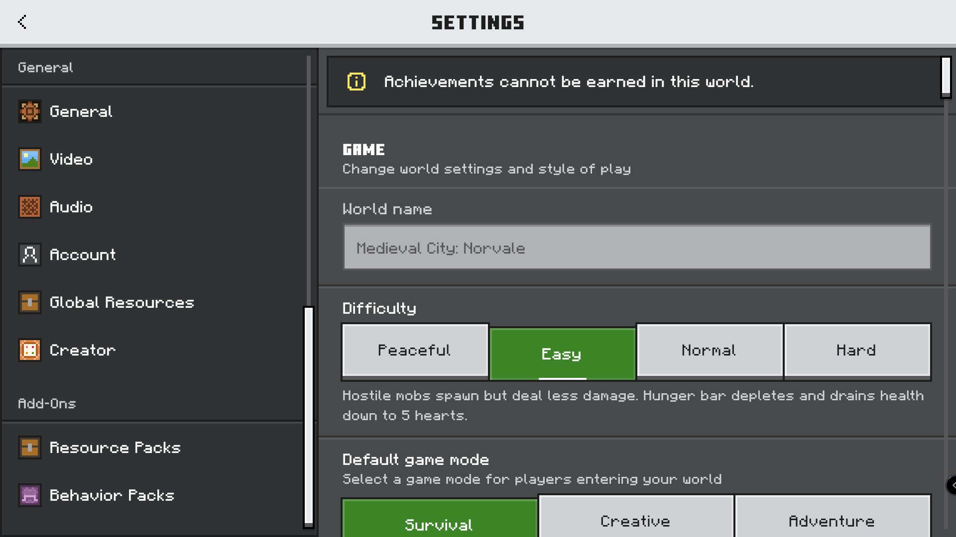 Roll and Stamina Addon Screenshot 1 Minecraft settings menu showing world configuration for the Roll and Stamina Addon