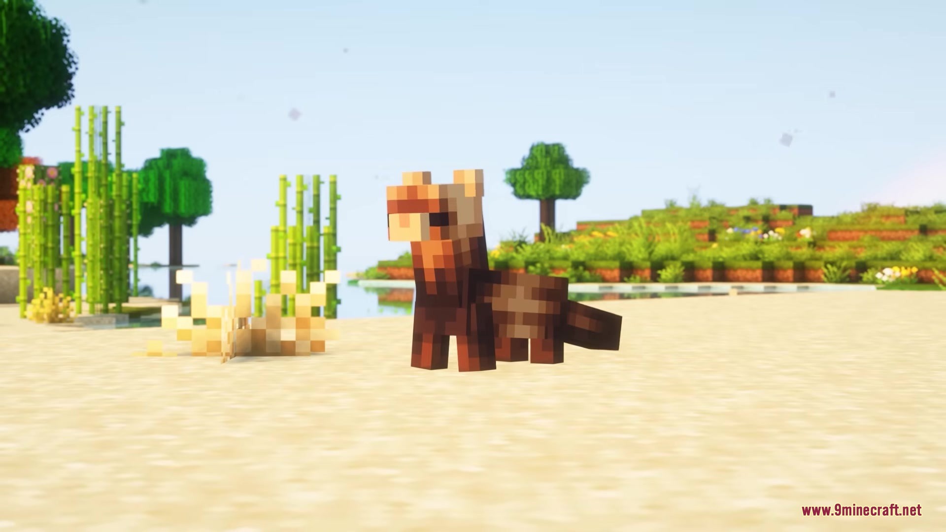 Room for Two Mod Screenshot 1 A small brown and tan animal standing on a sandy beach near bamboo