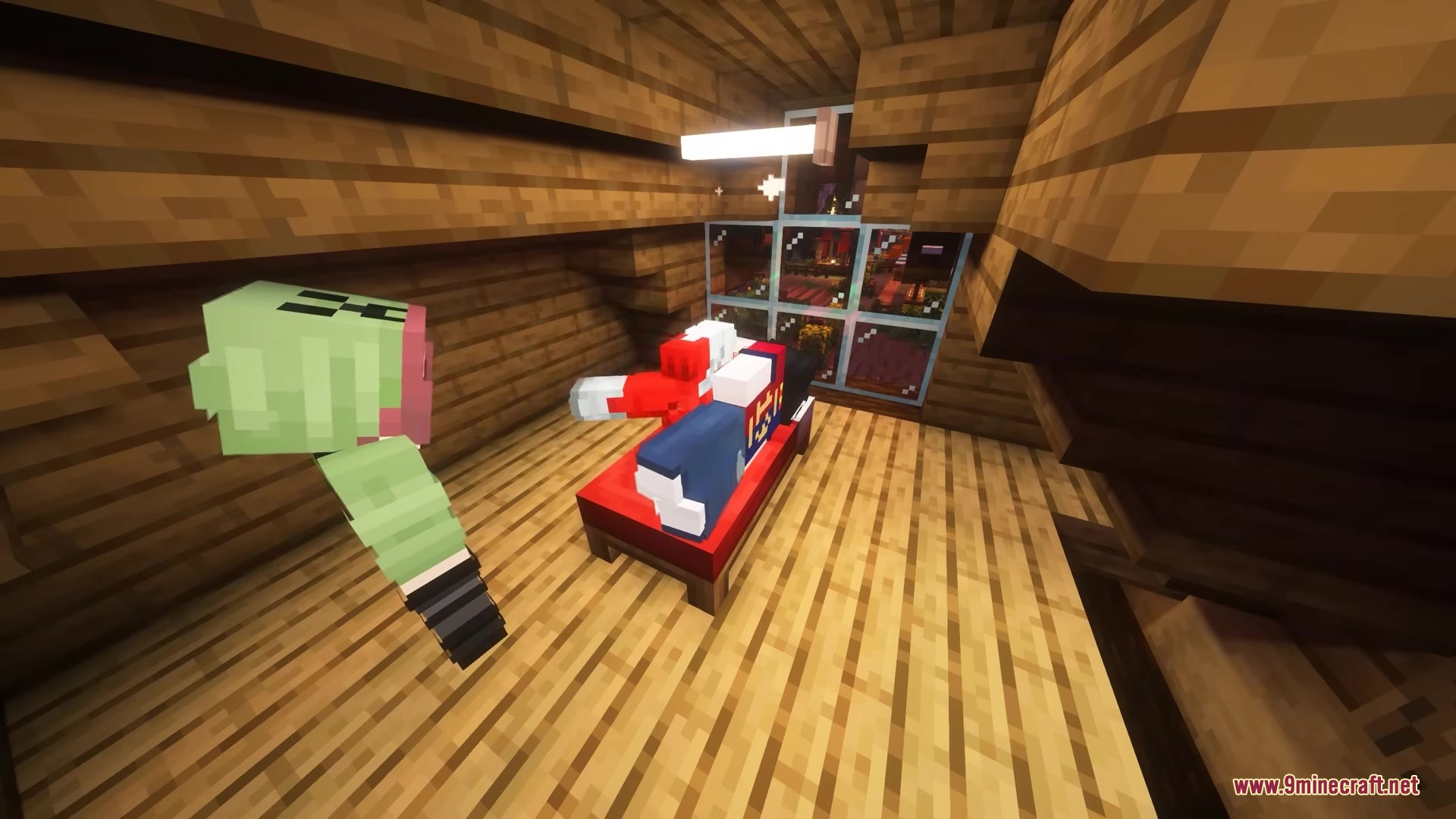 Room for Two Mod Screenshot 2 Two players sharing a single red bed inside a cozy wooden room