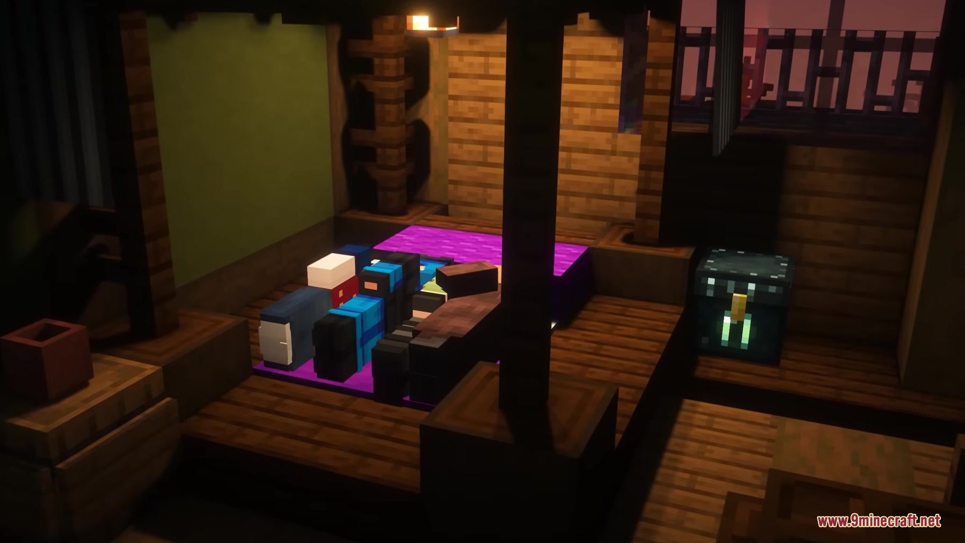 Room for Two Mod Screenshot 3 Two Minecraft characters sharing a single bed inside a cozy wooden room