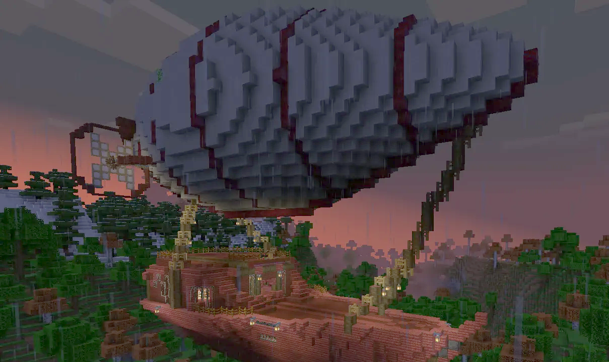 Rootrunner Schematic Screenshots 1 A massive custom airship flying over a dense forest biome during a sunset