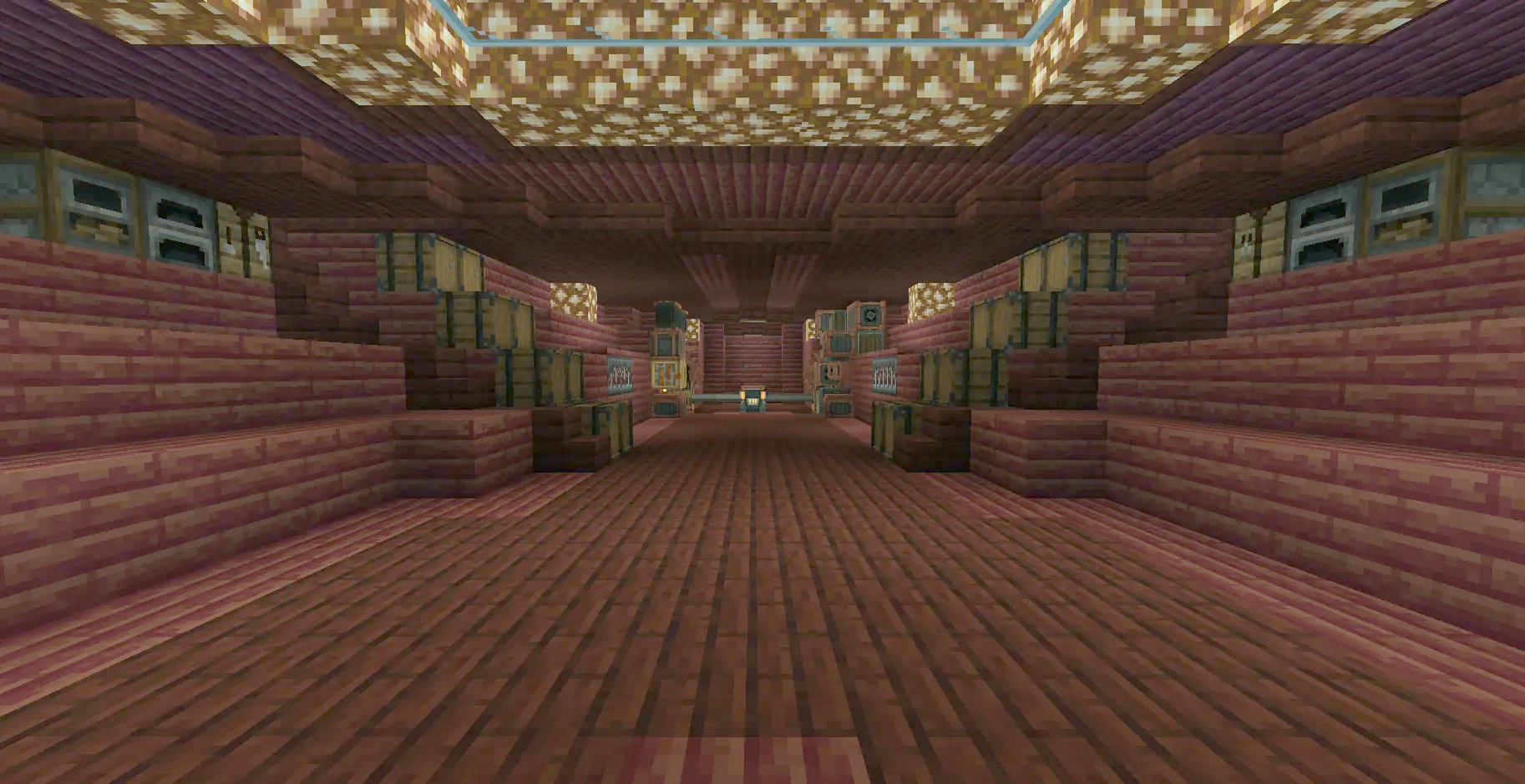 Rootrunner Schematic Screenshots 4 Narrow hallway inside a wooden airship with storage barrels and crafting machines