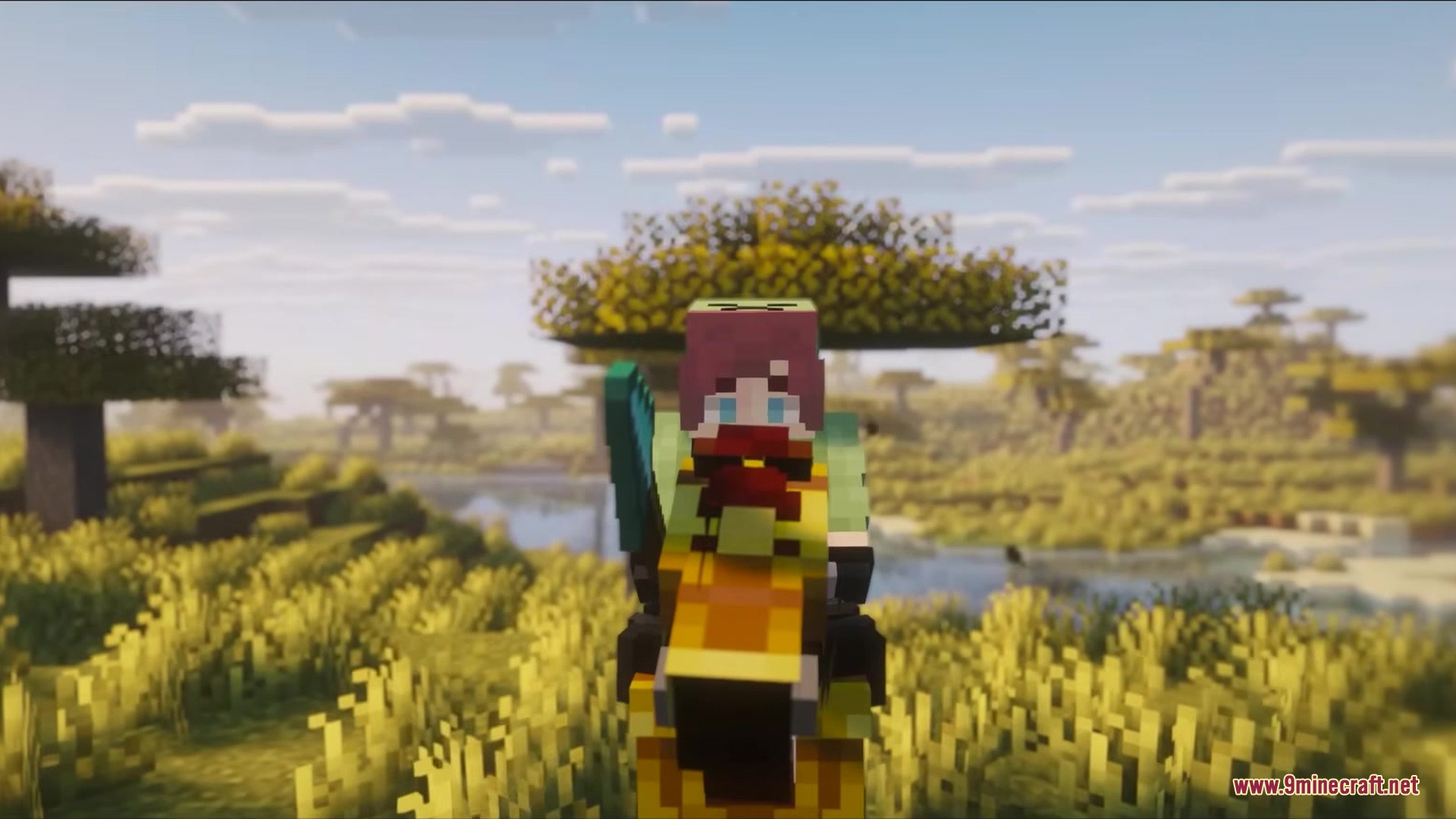 A player character riding a horse while holding a blue spear in savanna