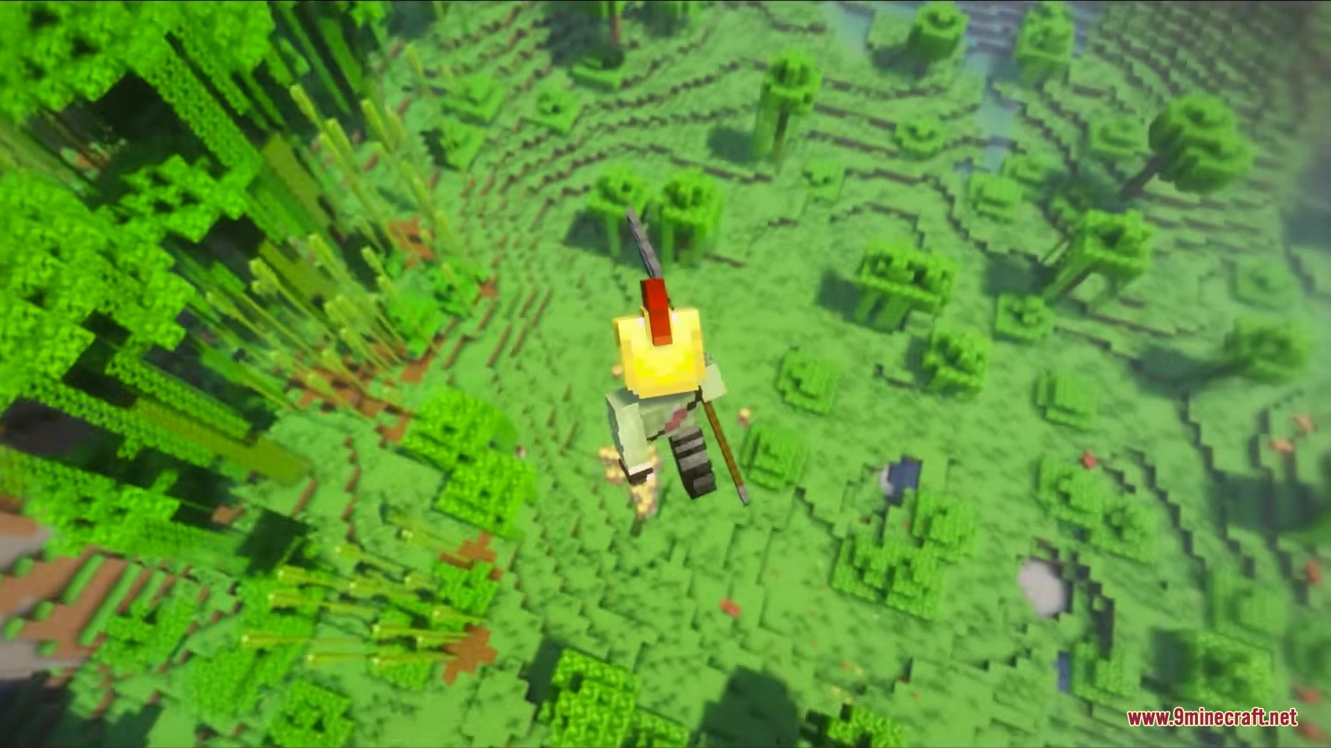 Minecraft player wearing a Roman helmet uses a spear to launch into the air