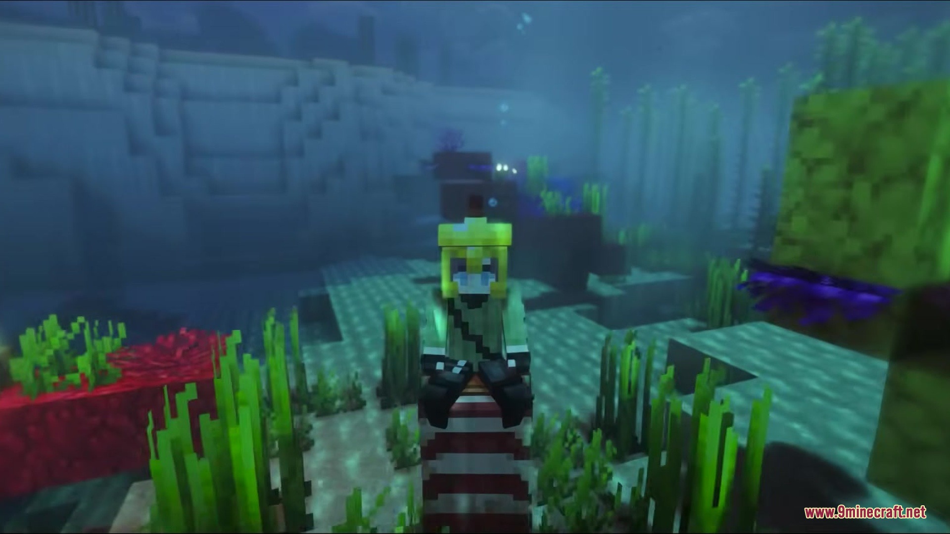 A character wearing a golden helmet rides a pufferfish through the deep ocean