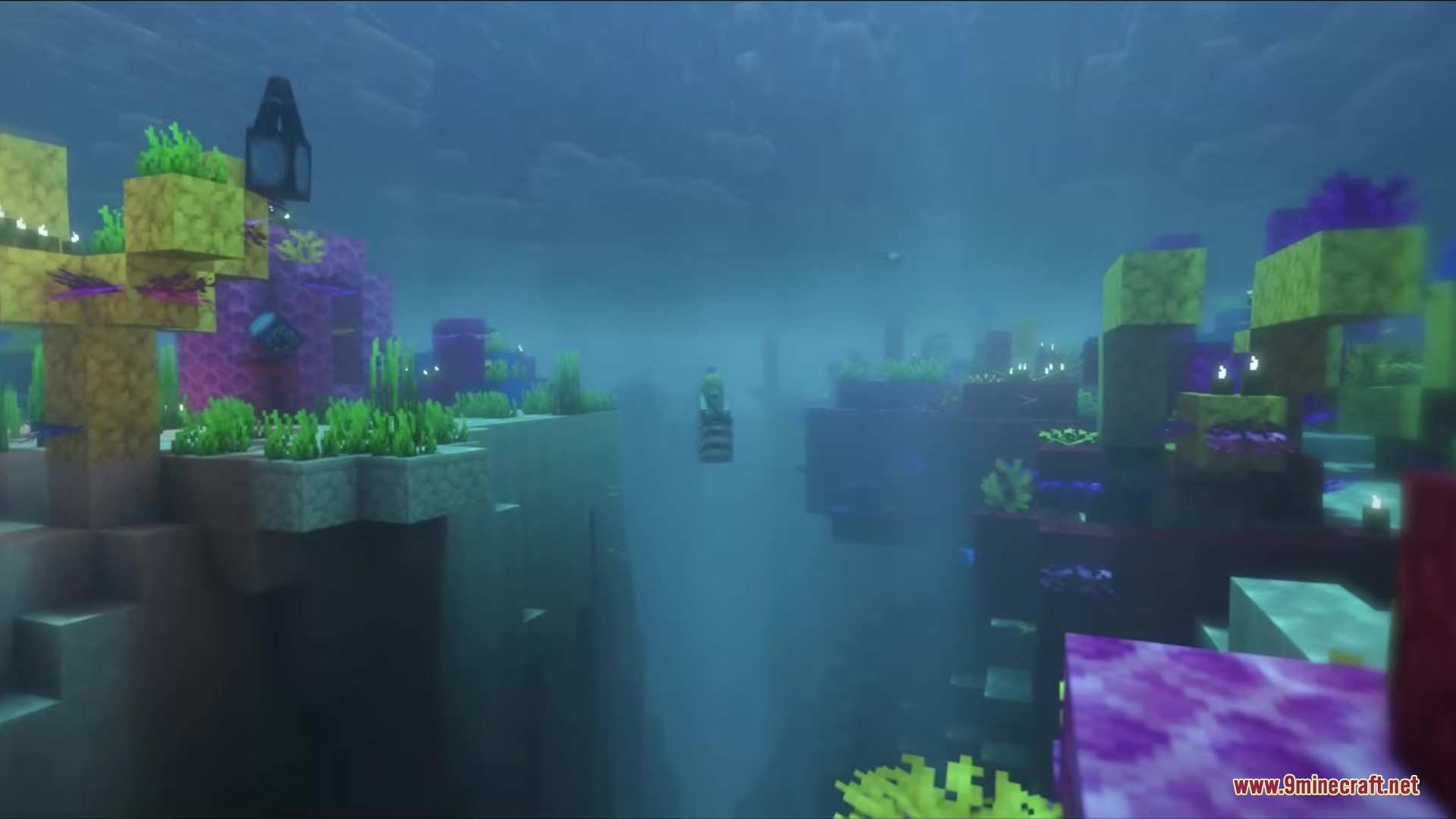 A Nautilus mob floating above a deep underwater canyon in the ocean biome