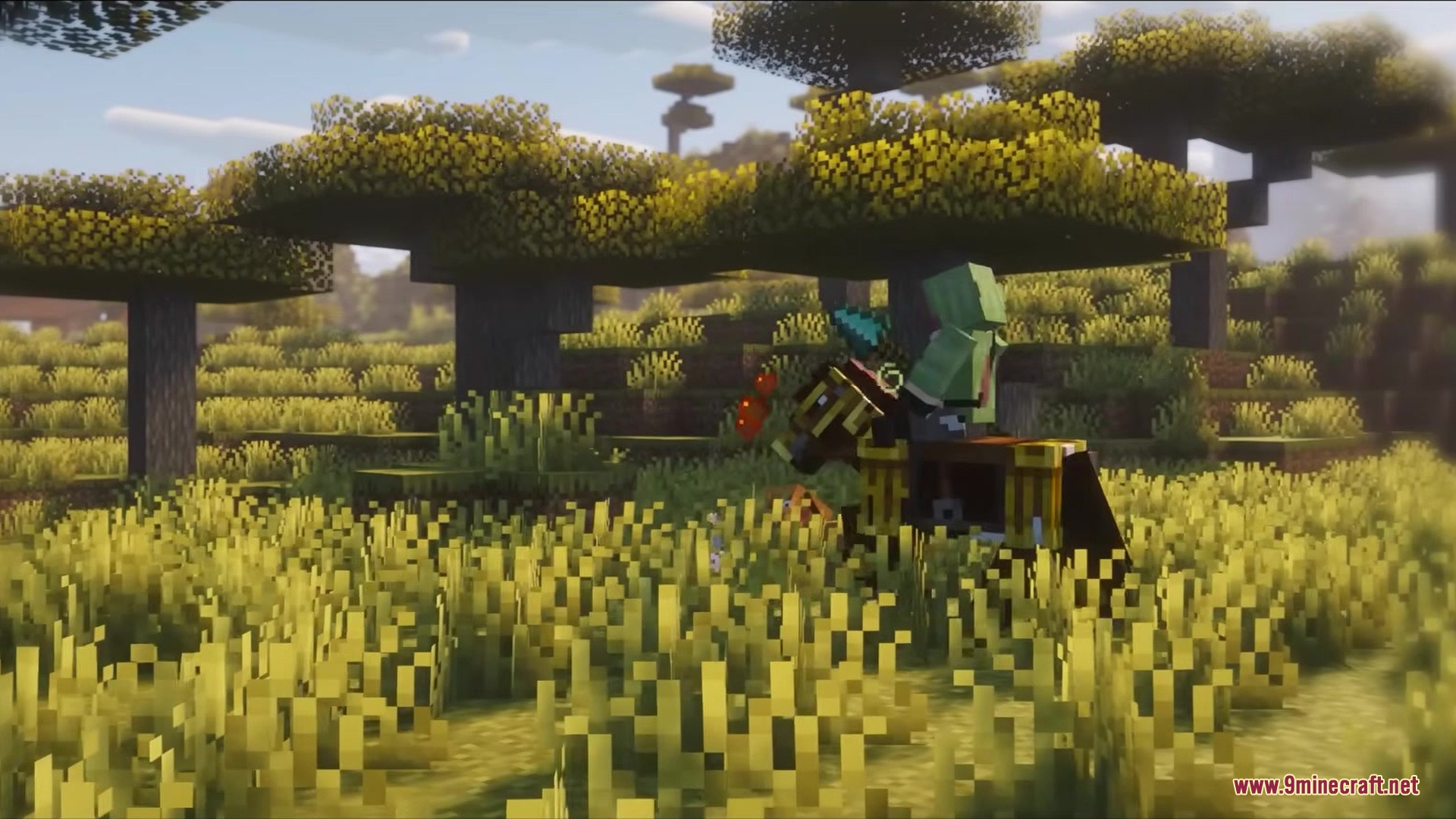 A zombie jockey riding a horse and holding a spear in the savanna