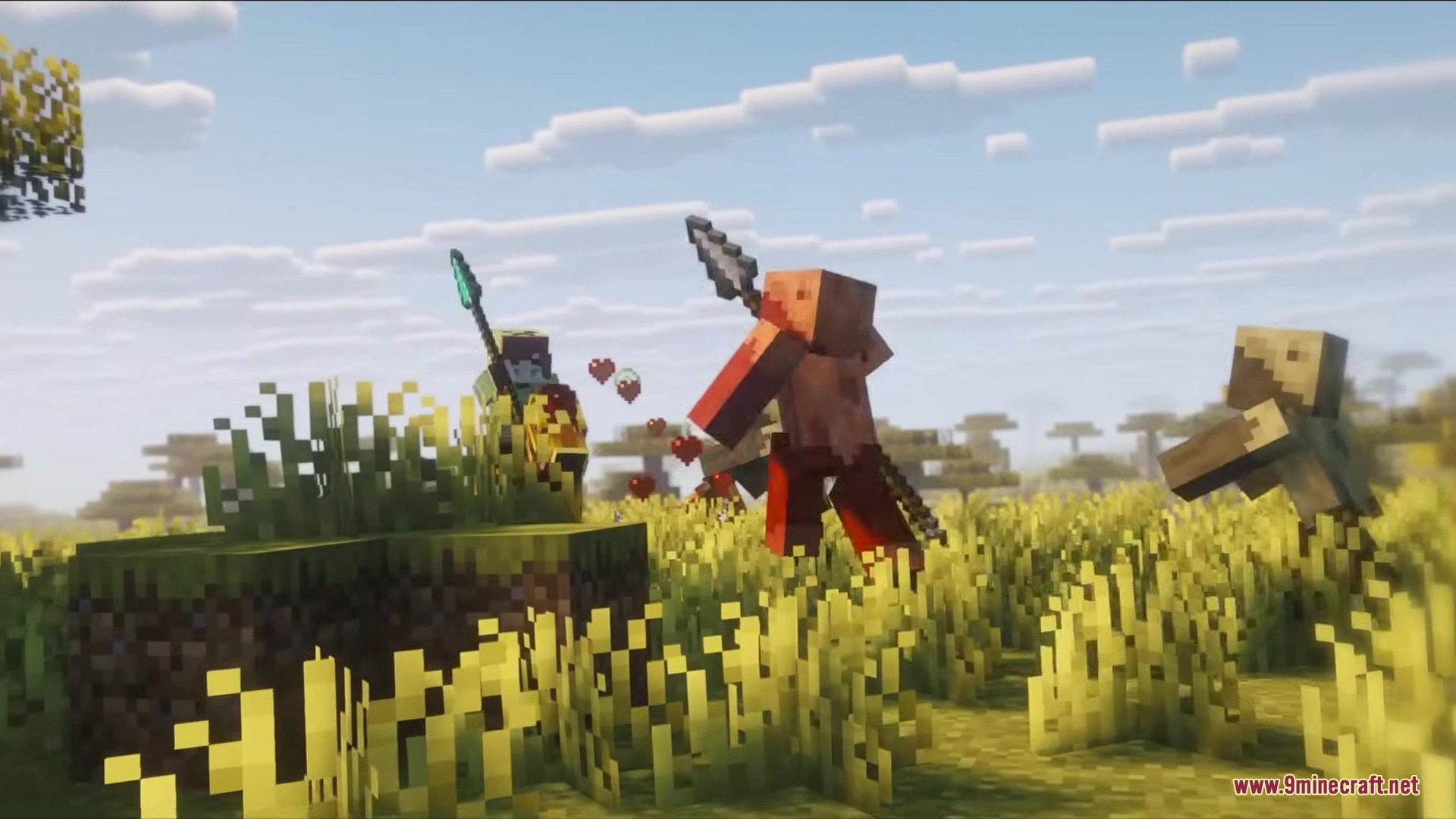 A mob holding a spear engages in combat within a grassy field