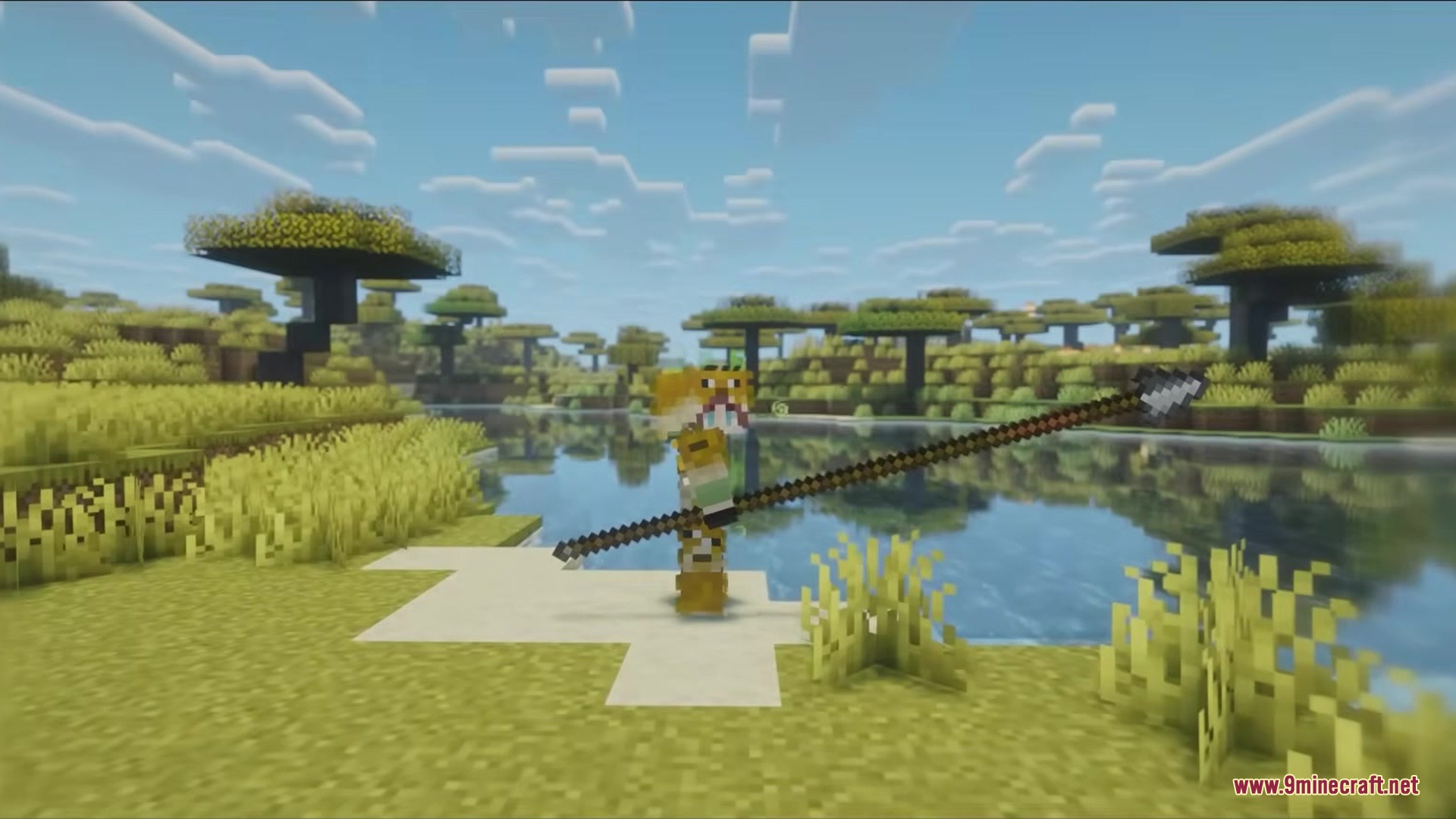 Player wearing pufferfish armor holds a long spear from Ruined MC Live Mod
