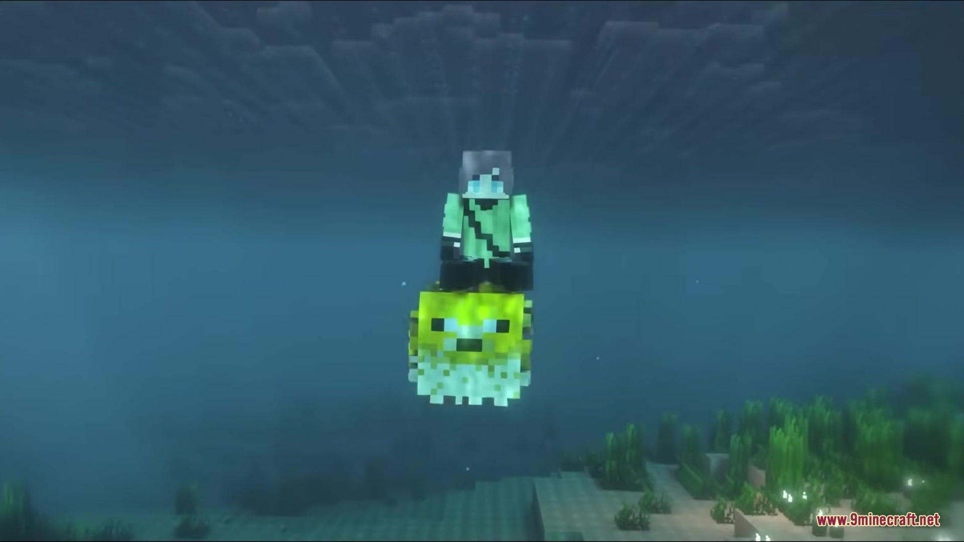 A player character riding a large yellow pufferfish through the deep blue ocean