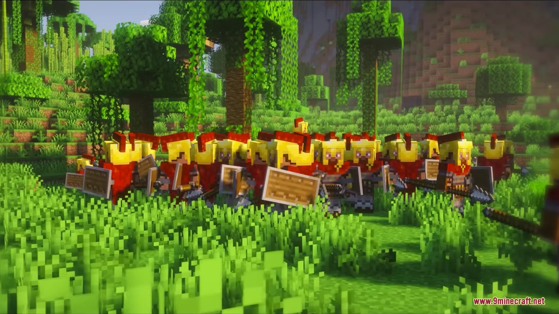 A group of Roman soldiers armed with shields and spears in the jungle