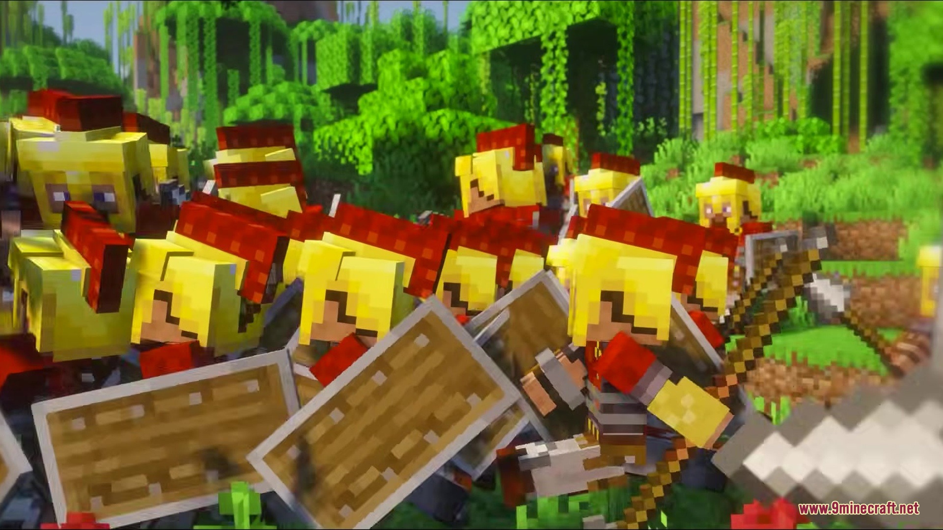 A group of Roman soldiers in golden armor holding wooden shields in a jungle