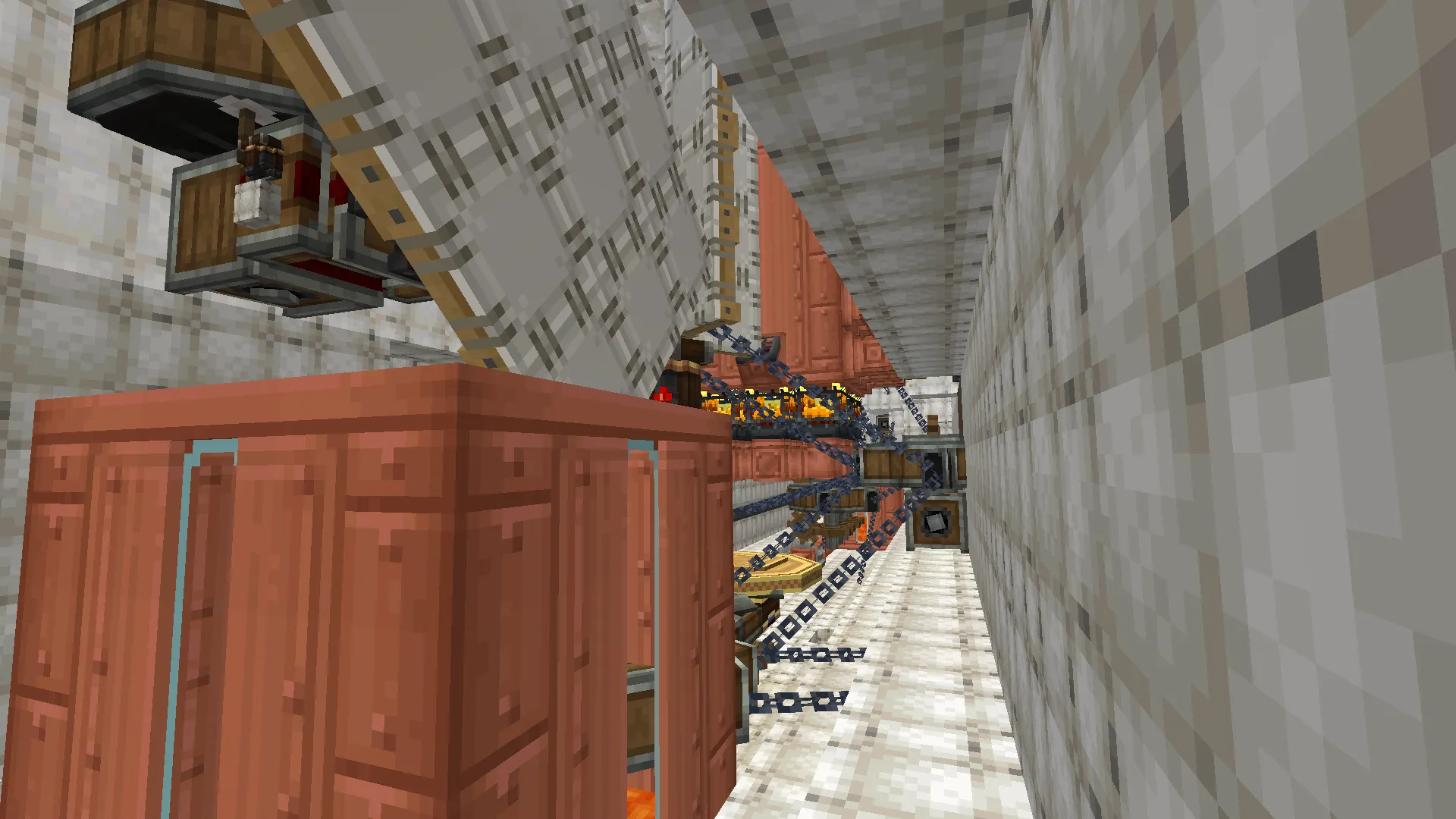Interior view of the airship featuring copper tanks and complex chain conveyors