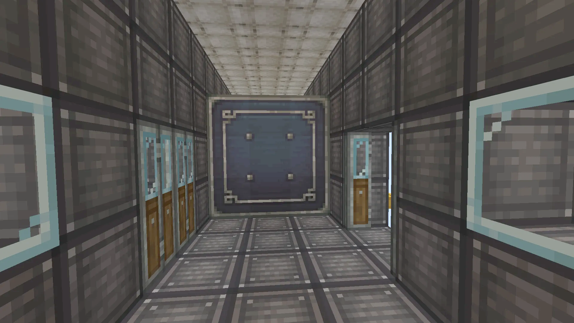 Interior hallway of a steampunk airship with a large storage vault