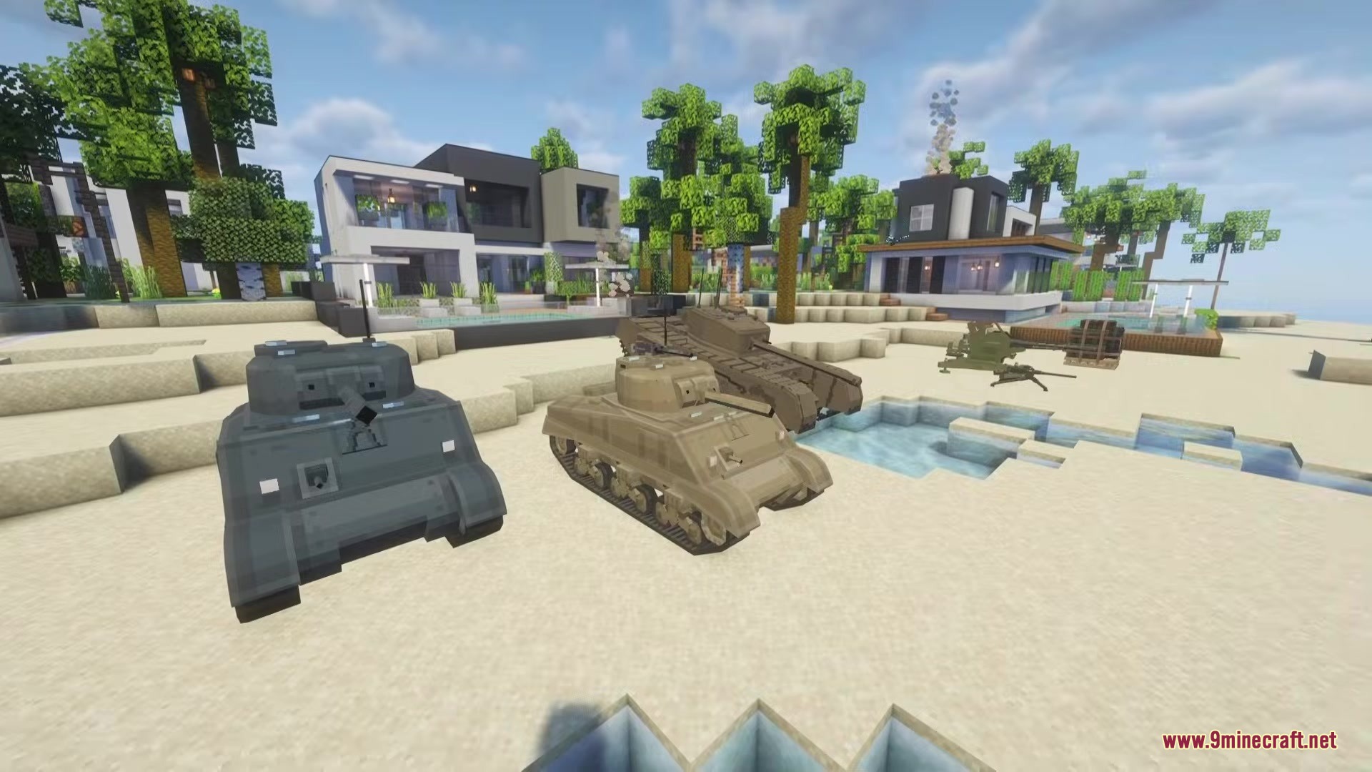 SBW Dragon Rise Reforge Mod Screenshot 1 Three different military tanks parked on a sandy beach near modern houses