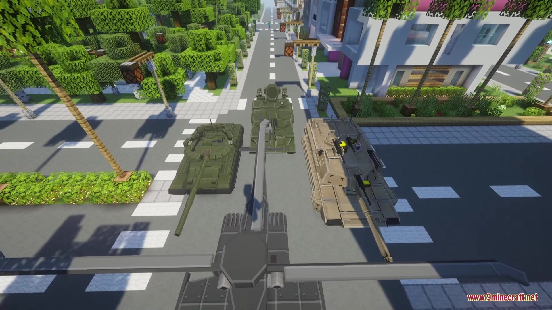 SBW Dragon Rise Reforge Mod Screenshot 4 Aerial view of three military tanks parked on a city road