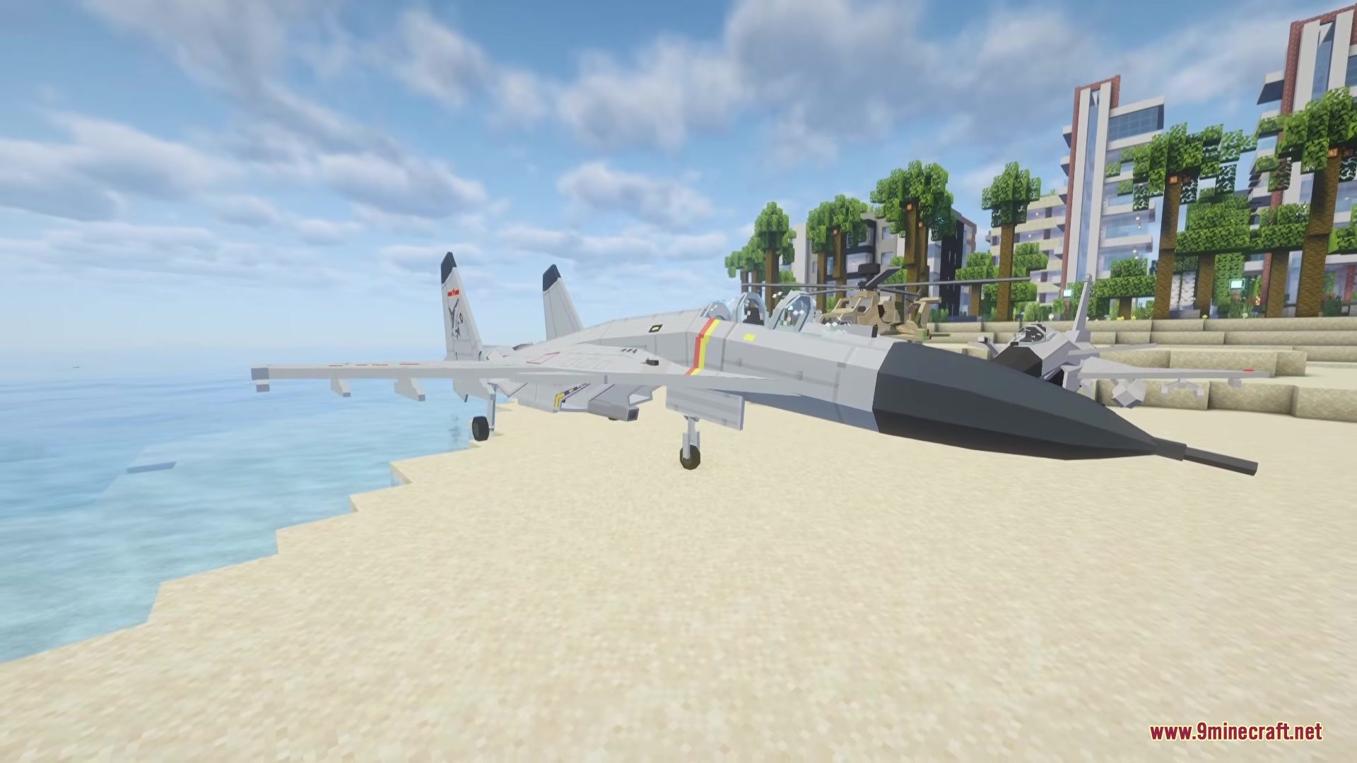 SBW Dragon Rise Reforge Mod Screenshot 5 A grey fighter jet with a black nose parked on a sandy beach