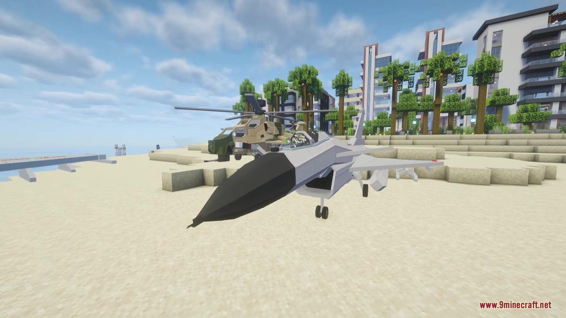 SBW Dragon Rise Reforge Mod Screenshot 6 A military fighter jet on a beach with a helicopter in the background