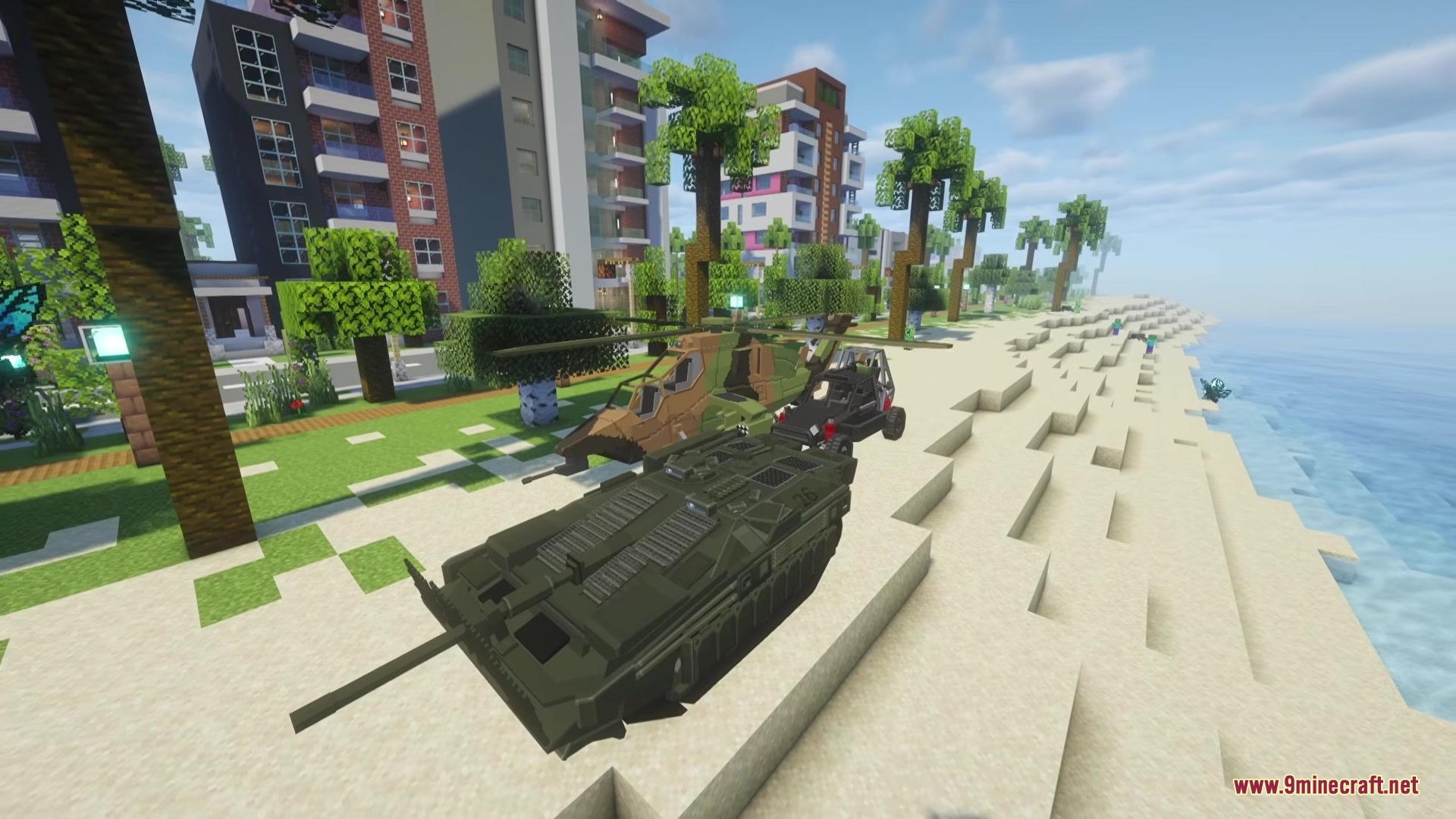 SBW Dragon Rise Reforge Mod Screenshot 7 A green tank and camouflage helicopter parked on a sandy beach