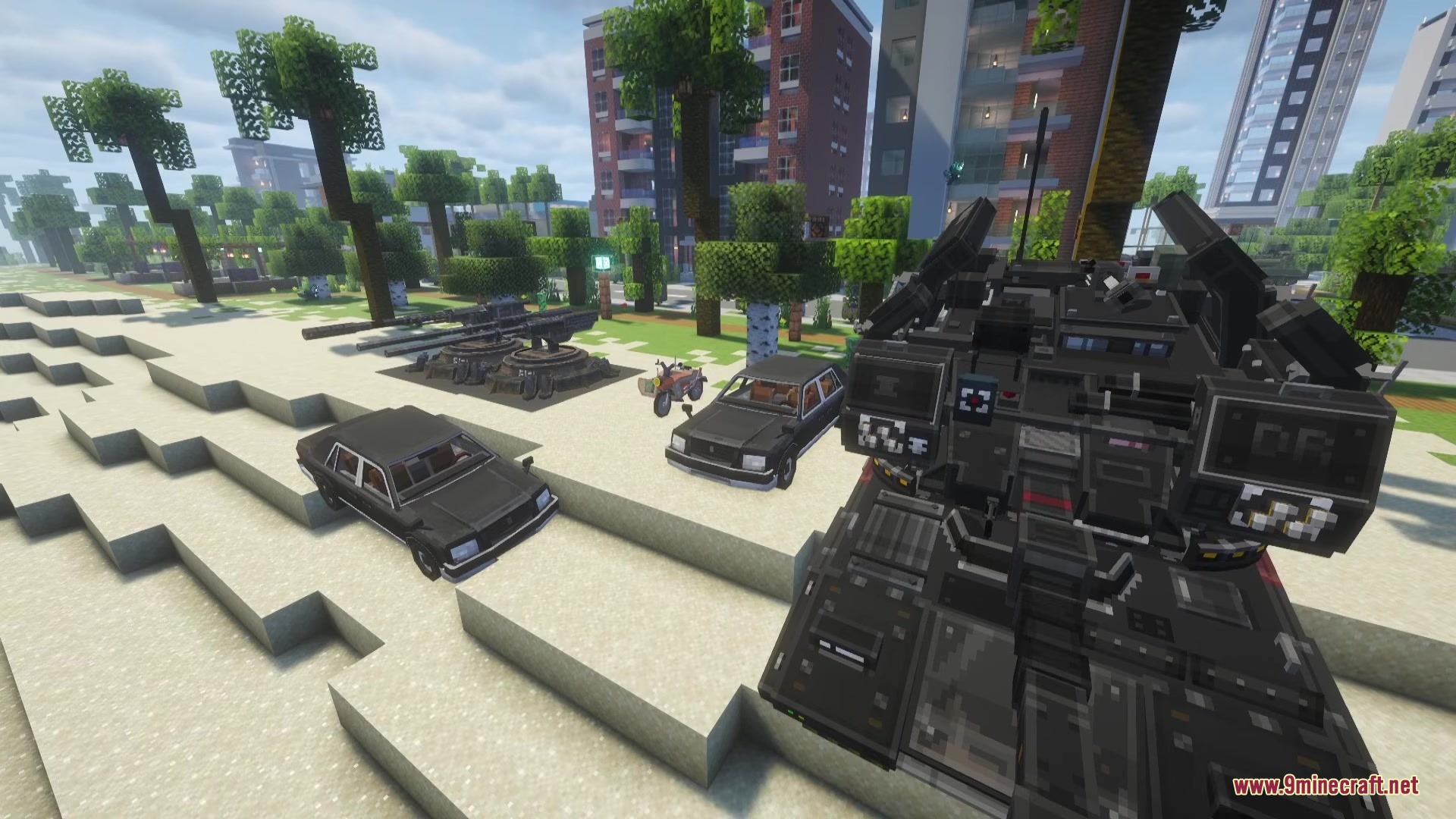 SBW Dragon Rise Reforge Mod Screenshot 8 Black cars and a heavy armored vehicle stationed near a city