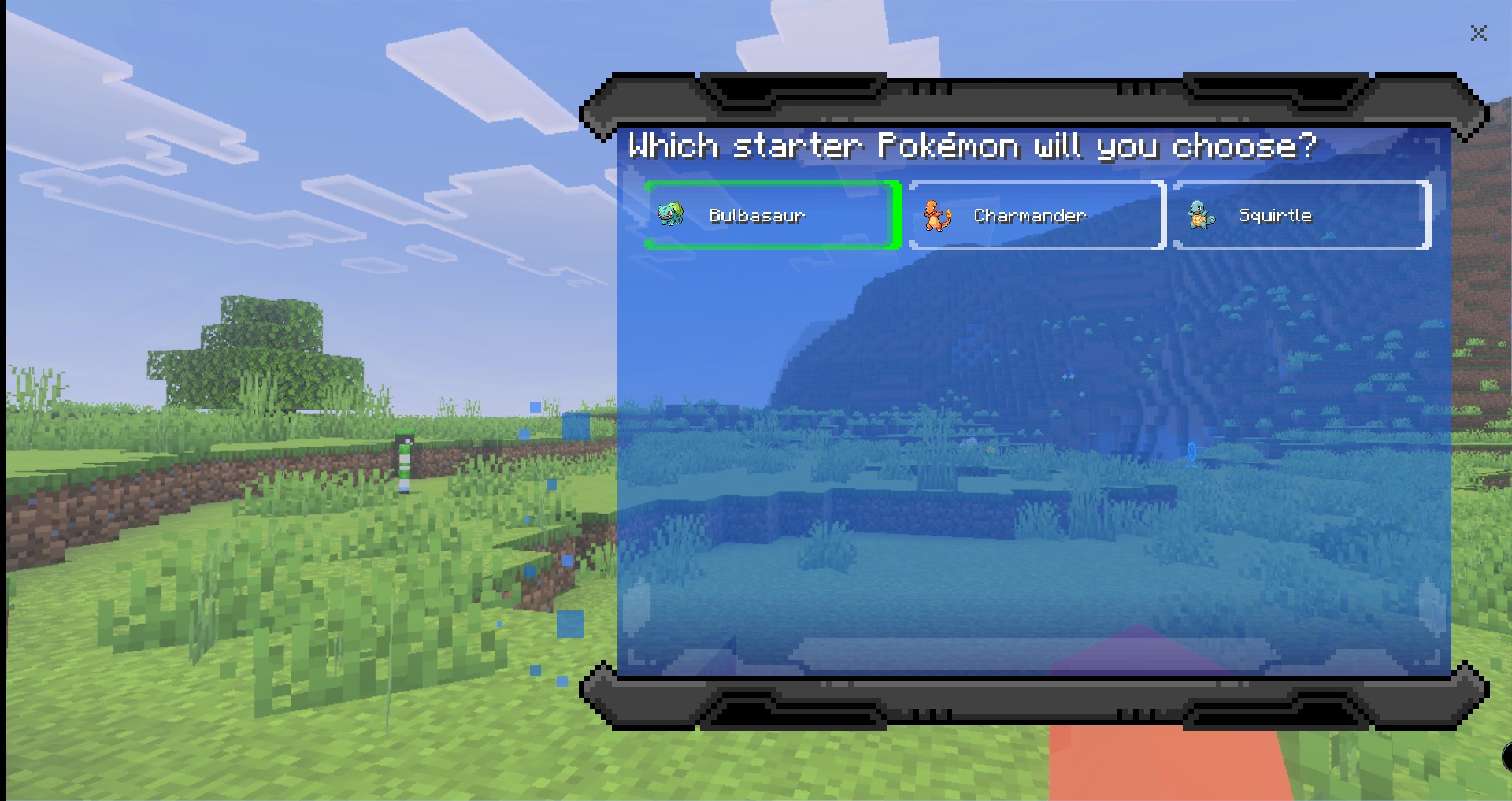 SERP Pokédrock Addon Screenshot 2 Interface for selecting Bulbasaur Charmander or Squirtle as a starter companion