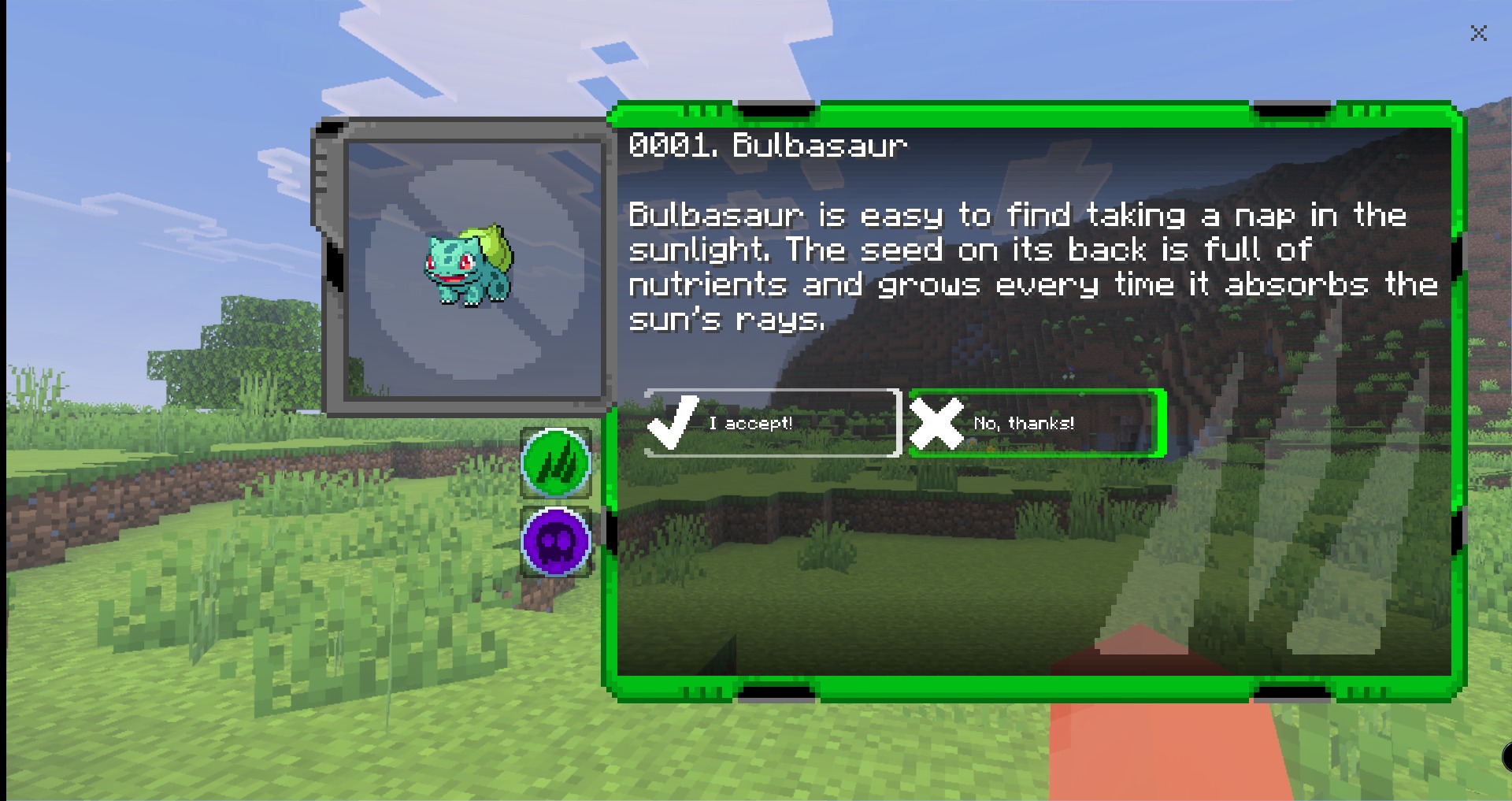 SERP Pokédrock Addon Screenshot 3 A custom interface for choosing Bulbasaur as a starter companion in Minecraft