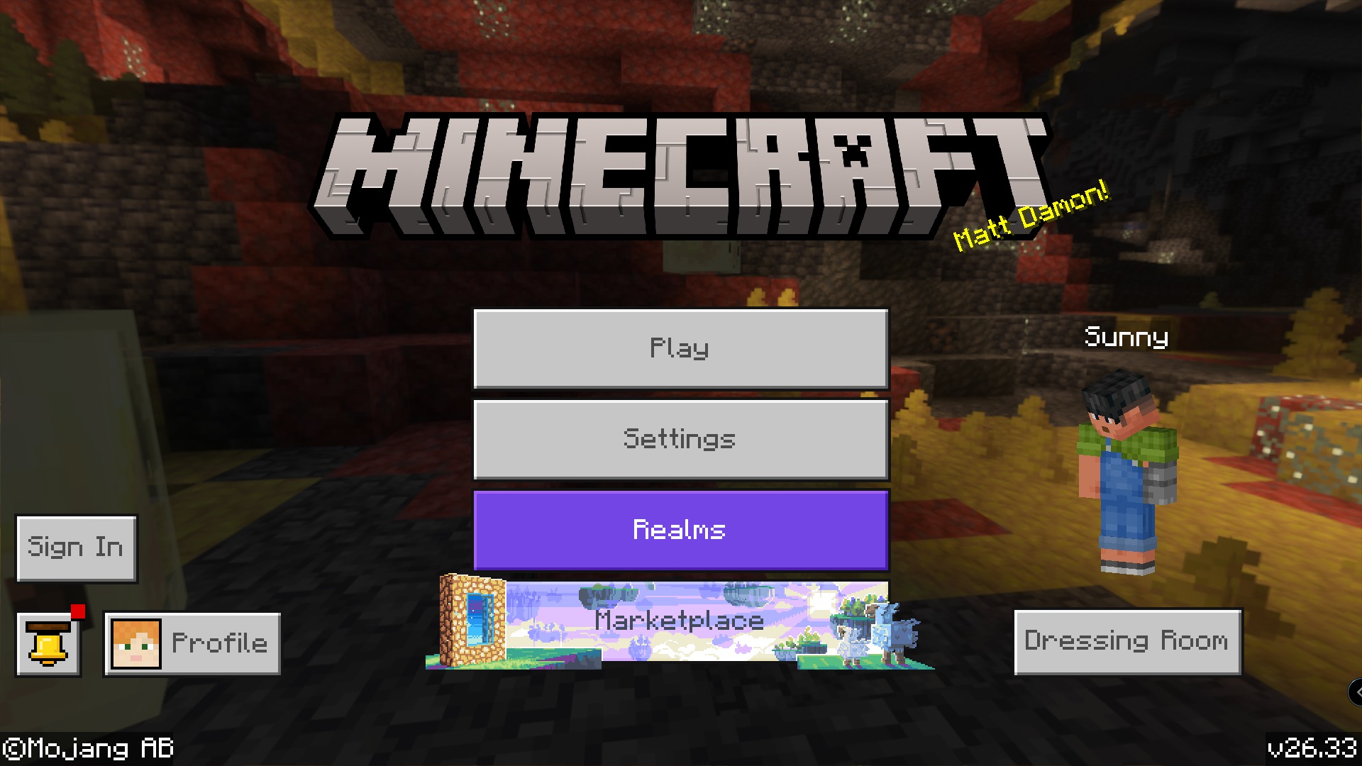 SRG's Skinpack 10C Skin Pack Screenshot 1 Minecraft main menu screen showing a custom character skin with robotic arm
