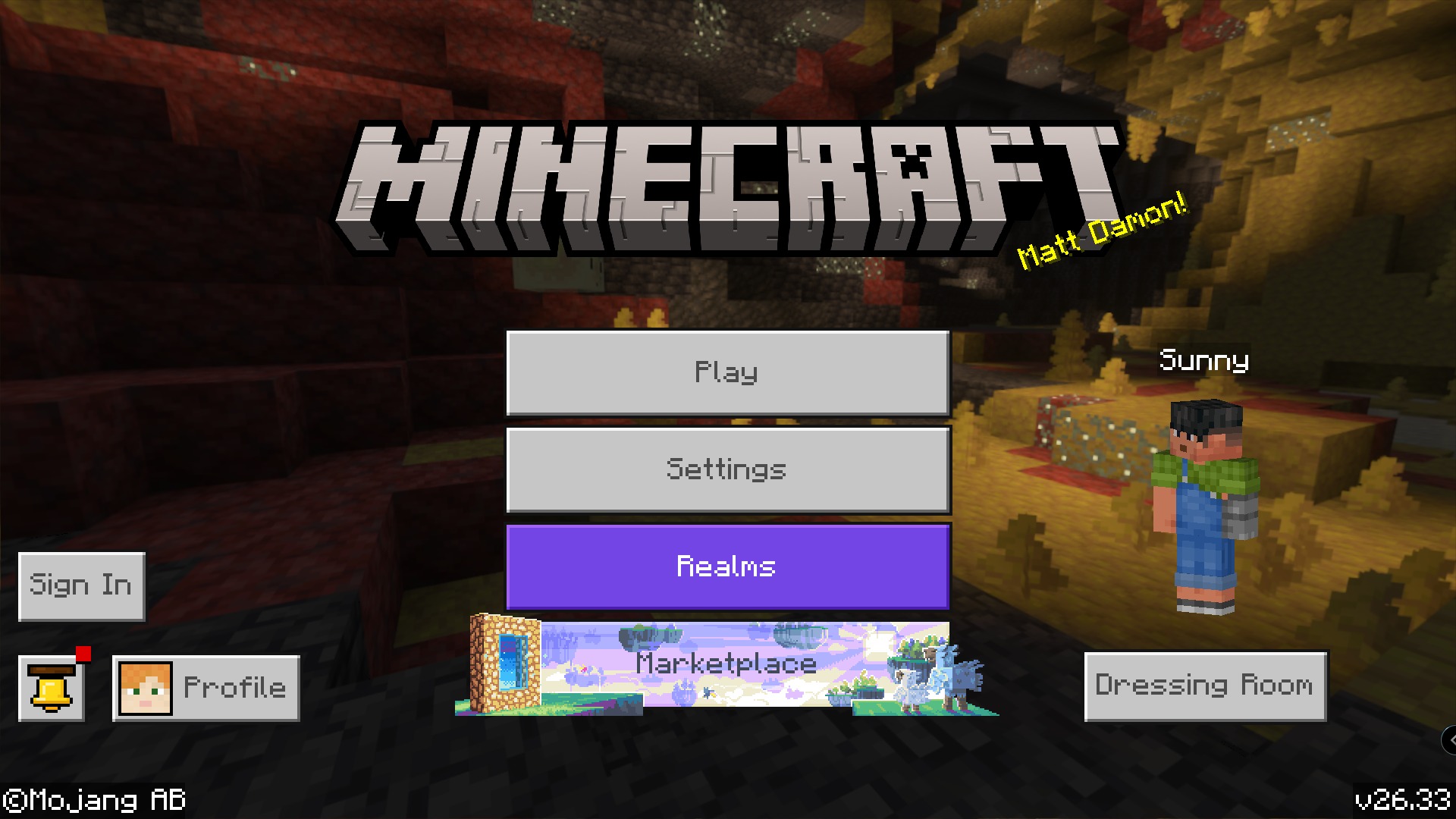 SRG's Skinpack 10C Skin Pack Screenshot 4 Minecraft main menu interface showing play settings and realms buttons on screen
