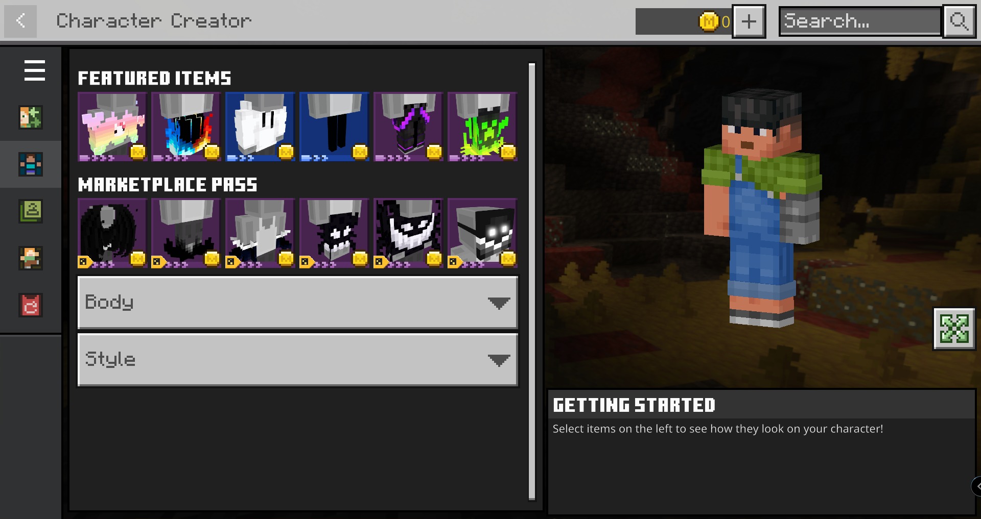 Character creator screen with voxel skin and various marketplace accessory options