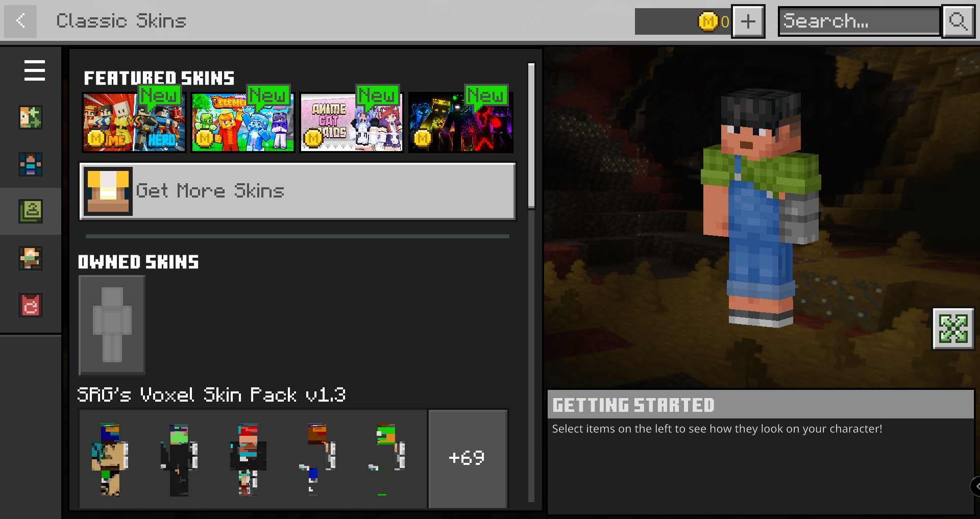 Minecraft skin menu displaying voxel character models from the SRG Voxel Skin Pack