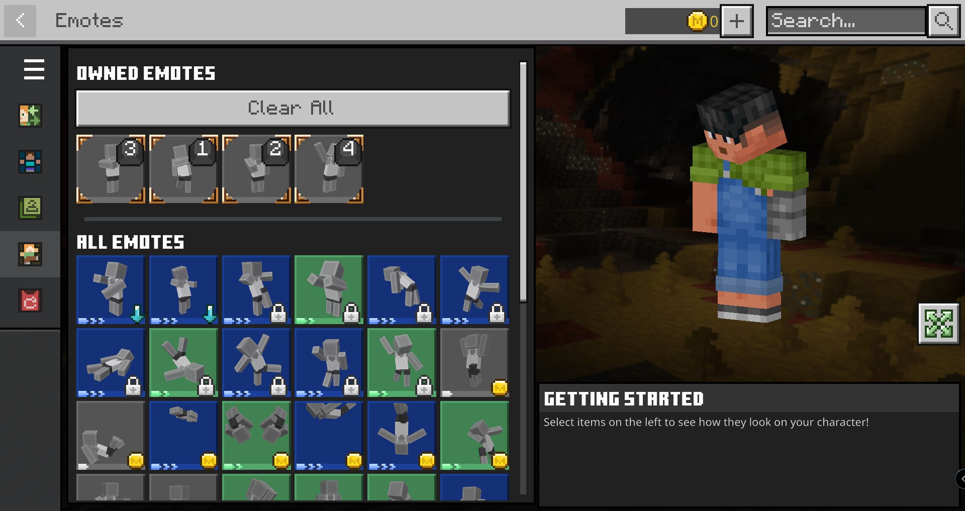 Emote selection screen showing a voxel character model with a robotic arm