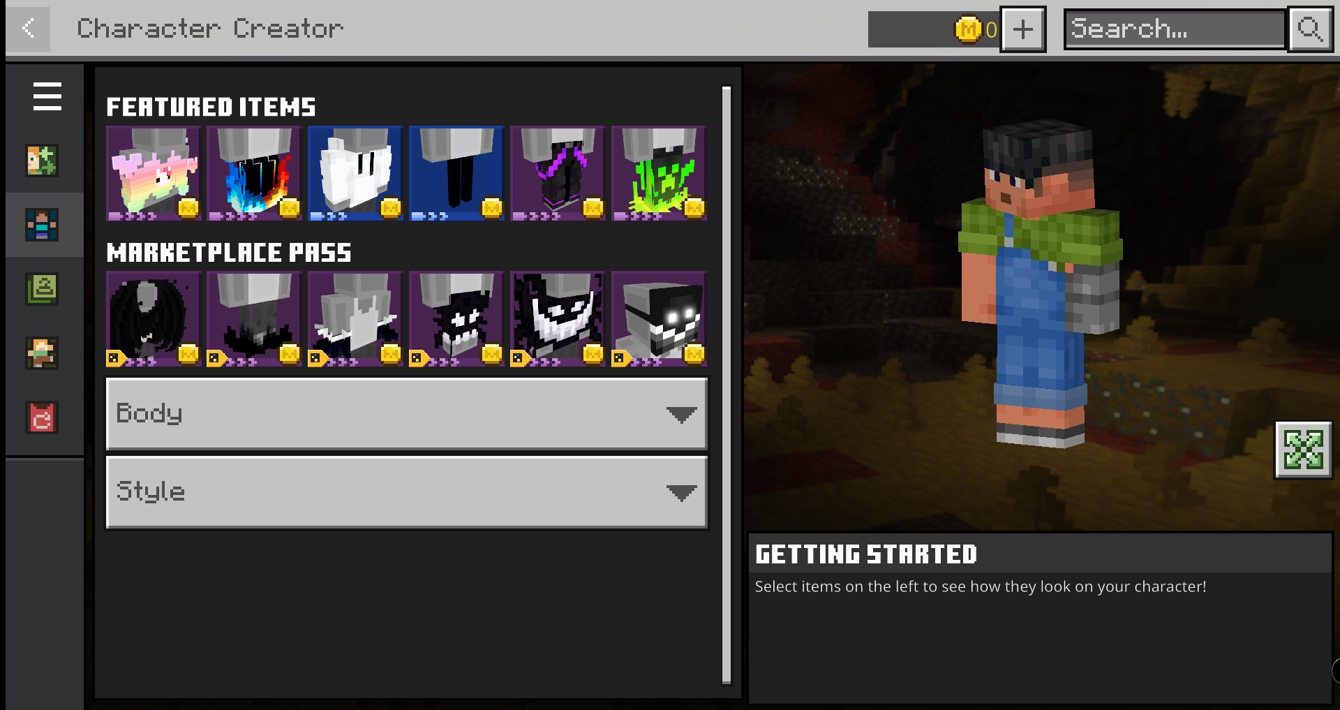 SRG's Voxel Skins Skin Pack Screenshot 2 Character creator interface displaying featured items and marketplace pass voxel skins