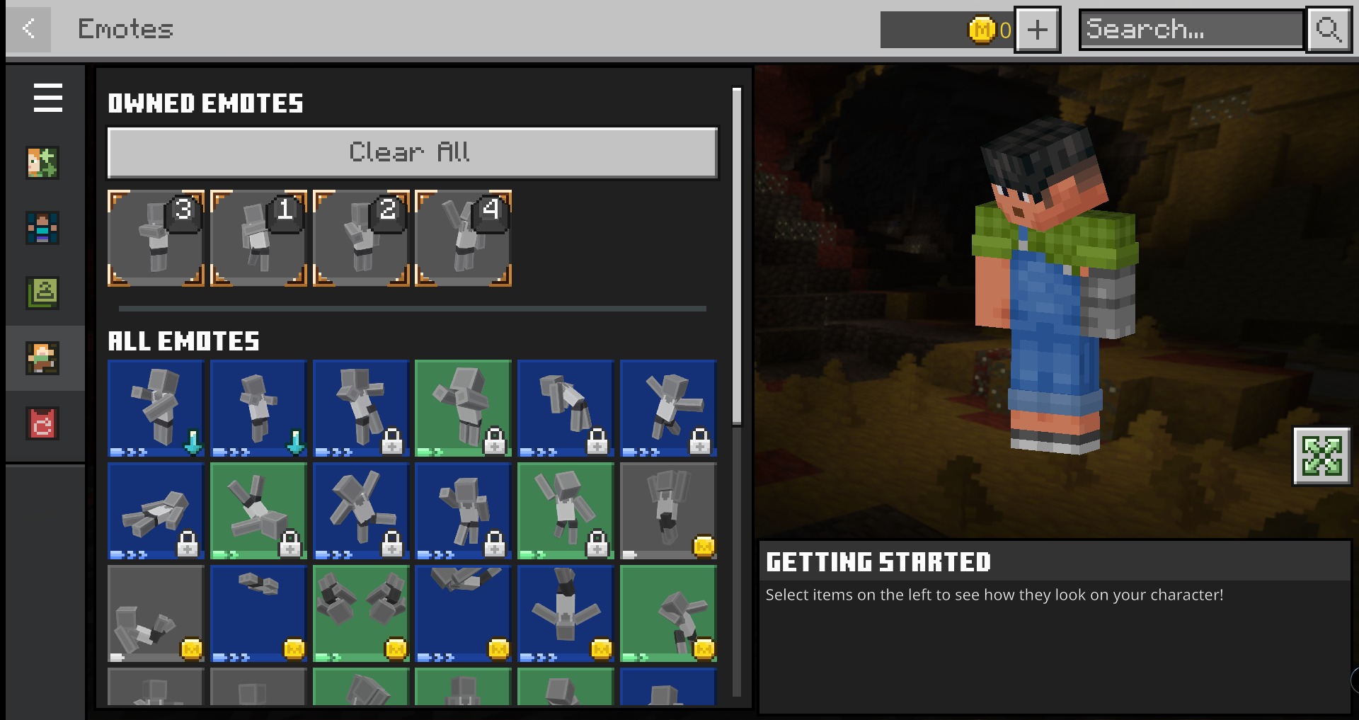 SRG's Voxel Skins Skin Pack Screenshot 4 Emotes selection screen showing a custom character model wearing overalls and green shirt
