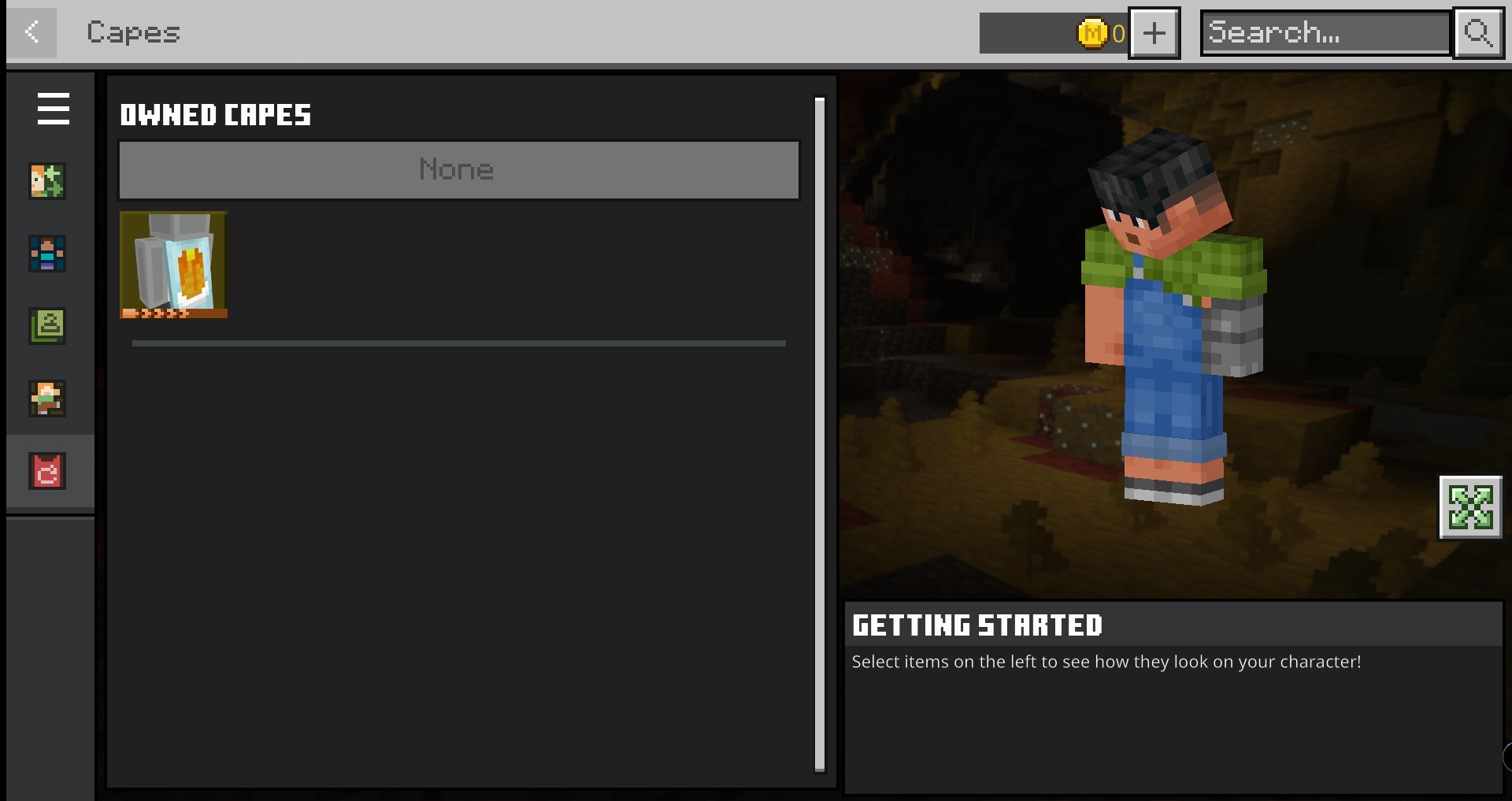 SRG's Voxel Skins Skin Pack Screenshot 5 Minecraft character creator menu showing a voxel skin and the owned capes section