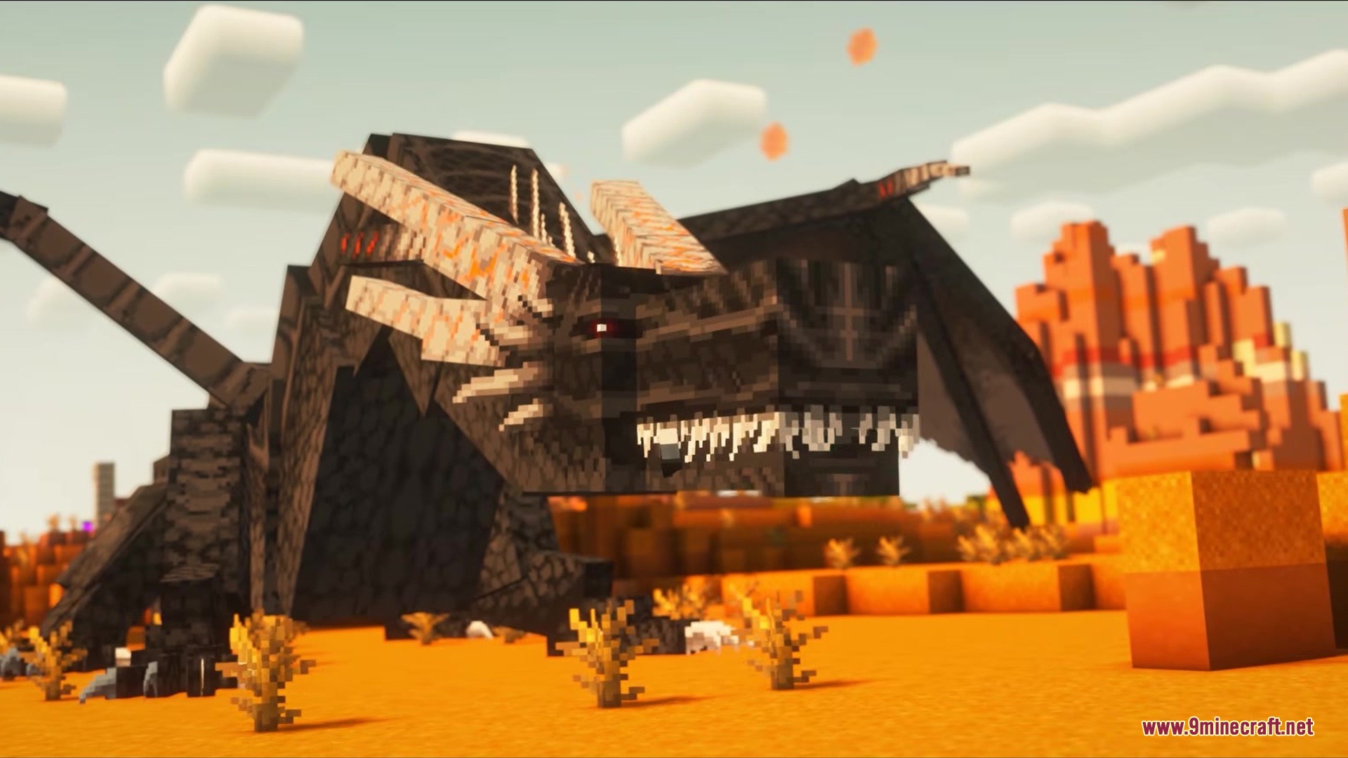Saint's Dragons Mod Screenshot 1 A massive black dragon with glowing red eyes stands in a desert biome