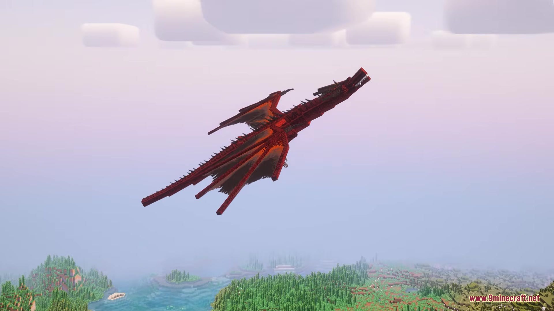 Saint's Dragons Mod Screenshot 11 A giant red dragon soaring through the sky above a lush green forest