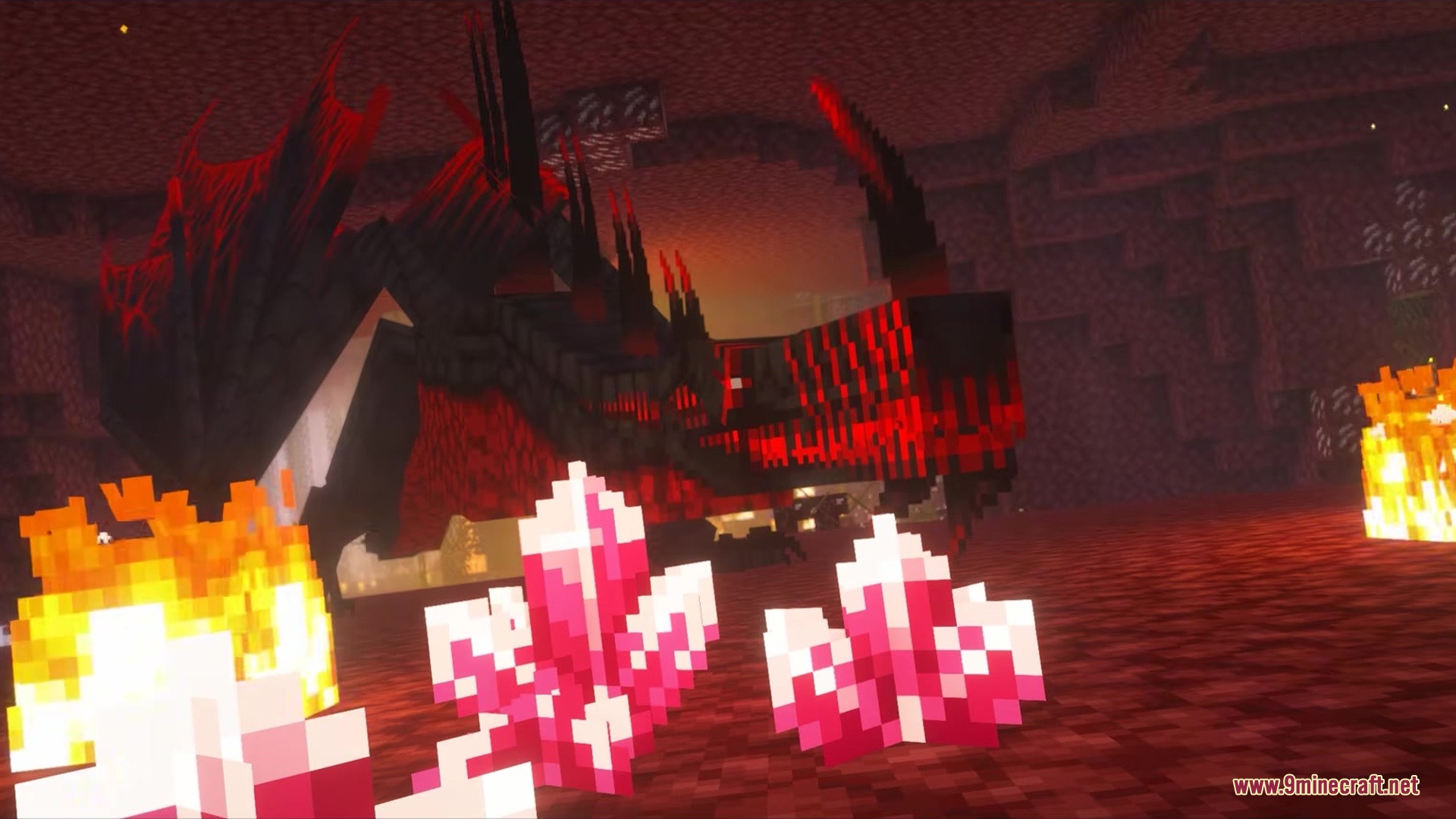 Saint's Dragons Mod Screenshot 3 A massive black and red dragon stands near glowing crystals in the Nether