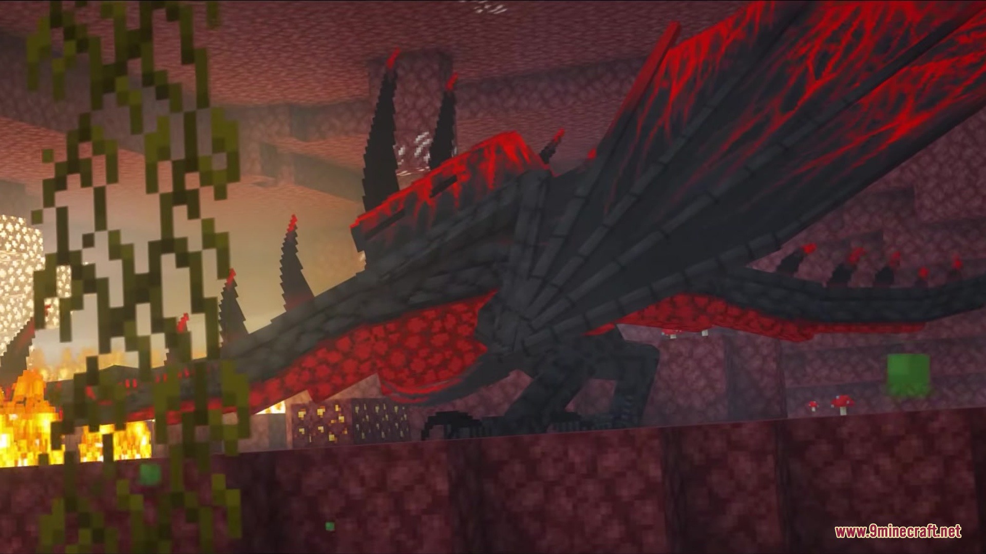Saint's Dragons Mod Screenshot 4 A giant black dragon with red wings explores the dangerous Nether environment