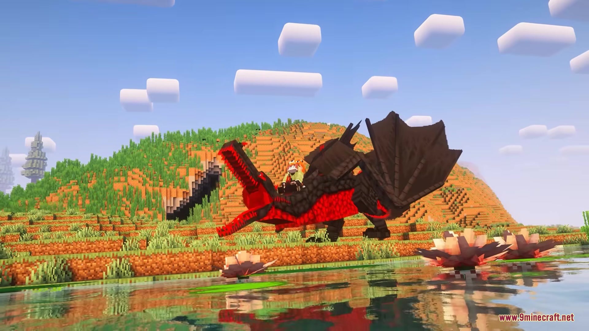 Saint's Dragons Mod Screenshot 6 A player rides a massive black and red dragon near a scenic river