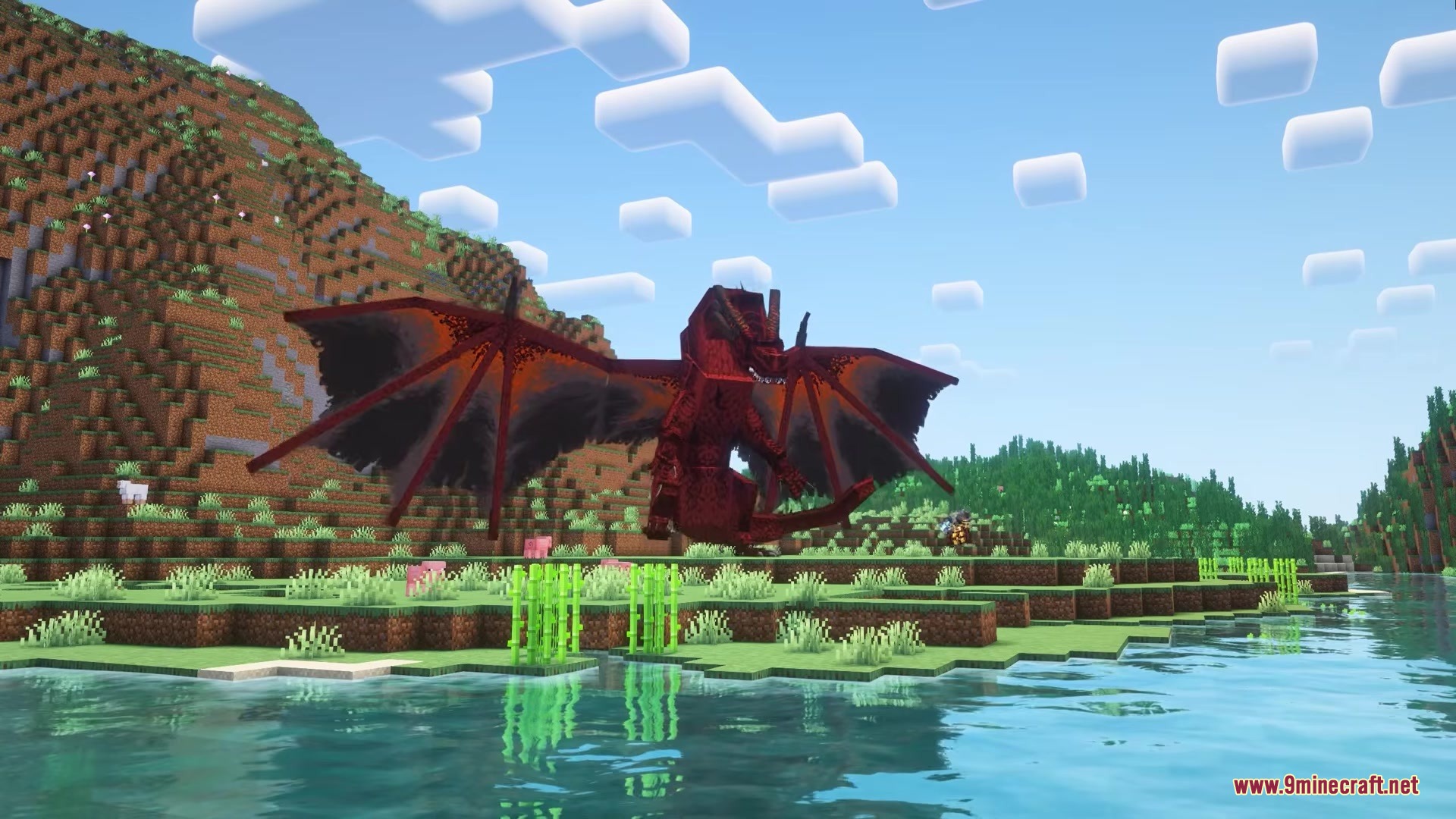 Saint's Dragons Mod Screenshot 7 A massive red dragon spreads its wings while standing in a grassy field