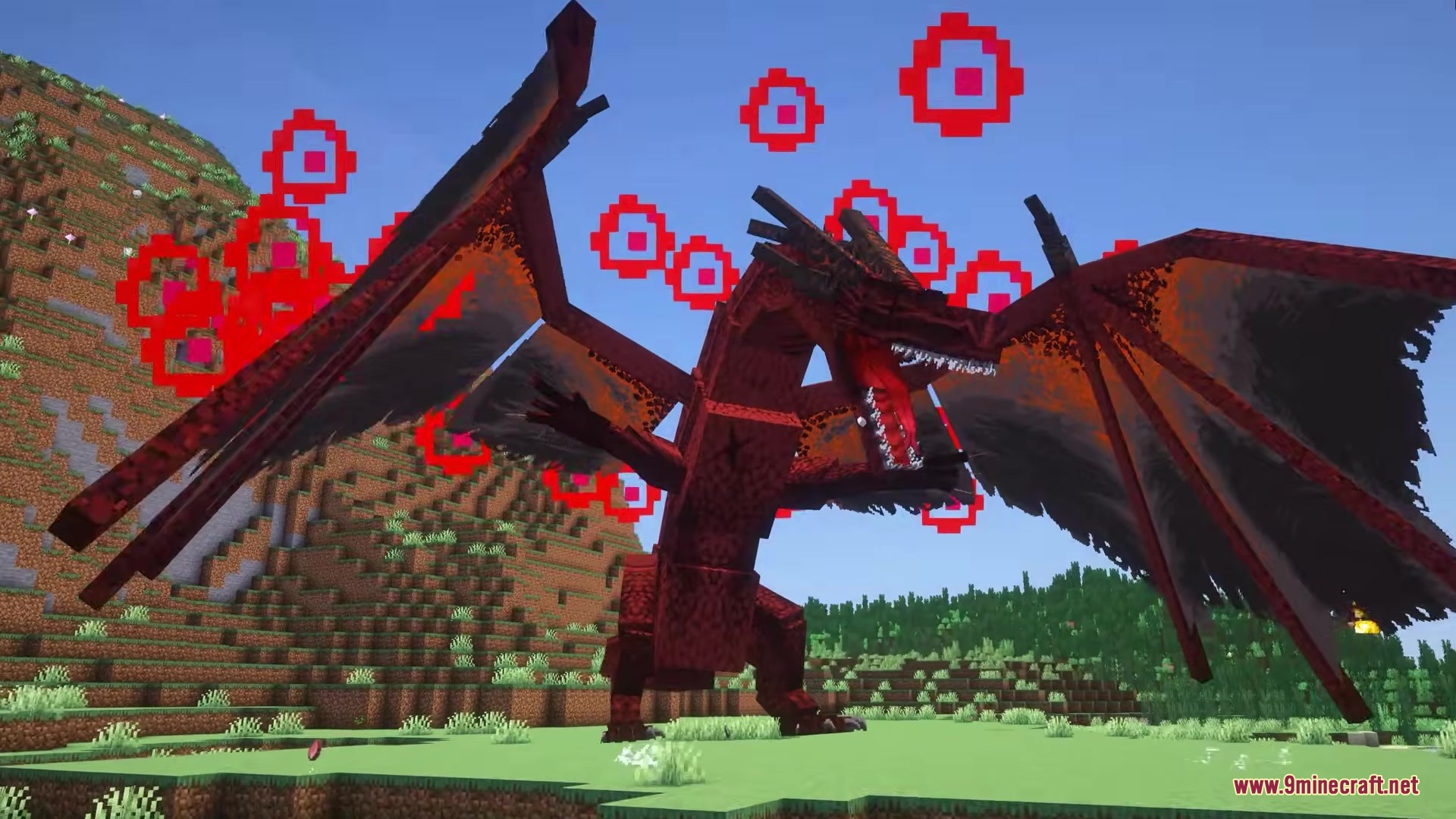 Saint's Dragons Mod Screenshot 8 A giant red dragon roars with glowing red particle effects in the sky